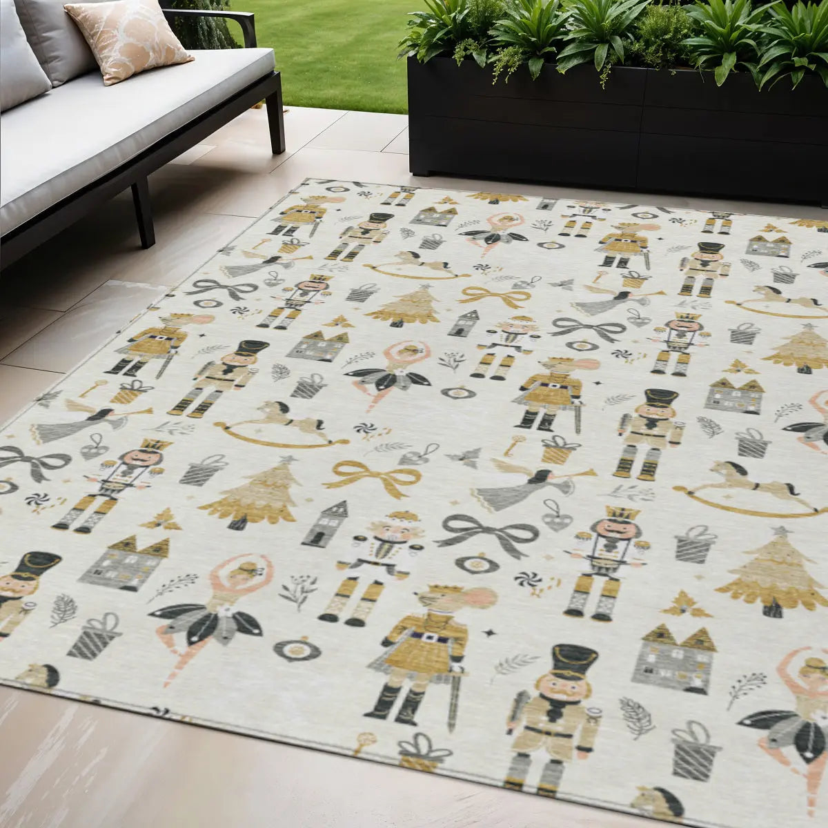 5' X 8' Ivory Gold Black And Gray Village House Washable Indoor Outdoor Area Rug Homeroots Outdoor