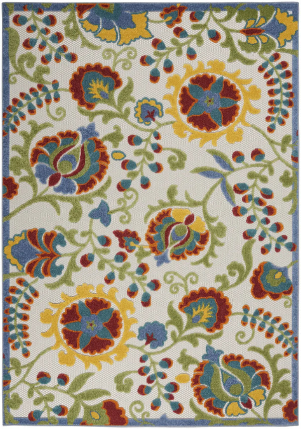 5' X 8' Ivory Green Red And Yellow Floral Indoor Outdoor Area Rug Homeroots Outdoor