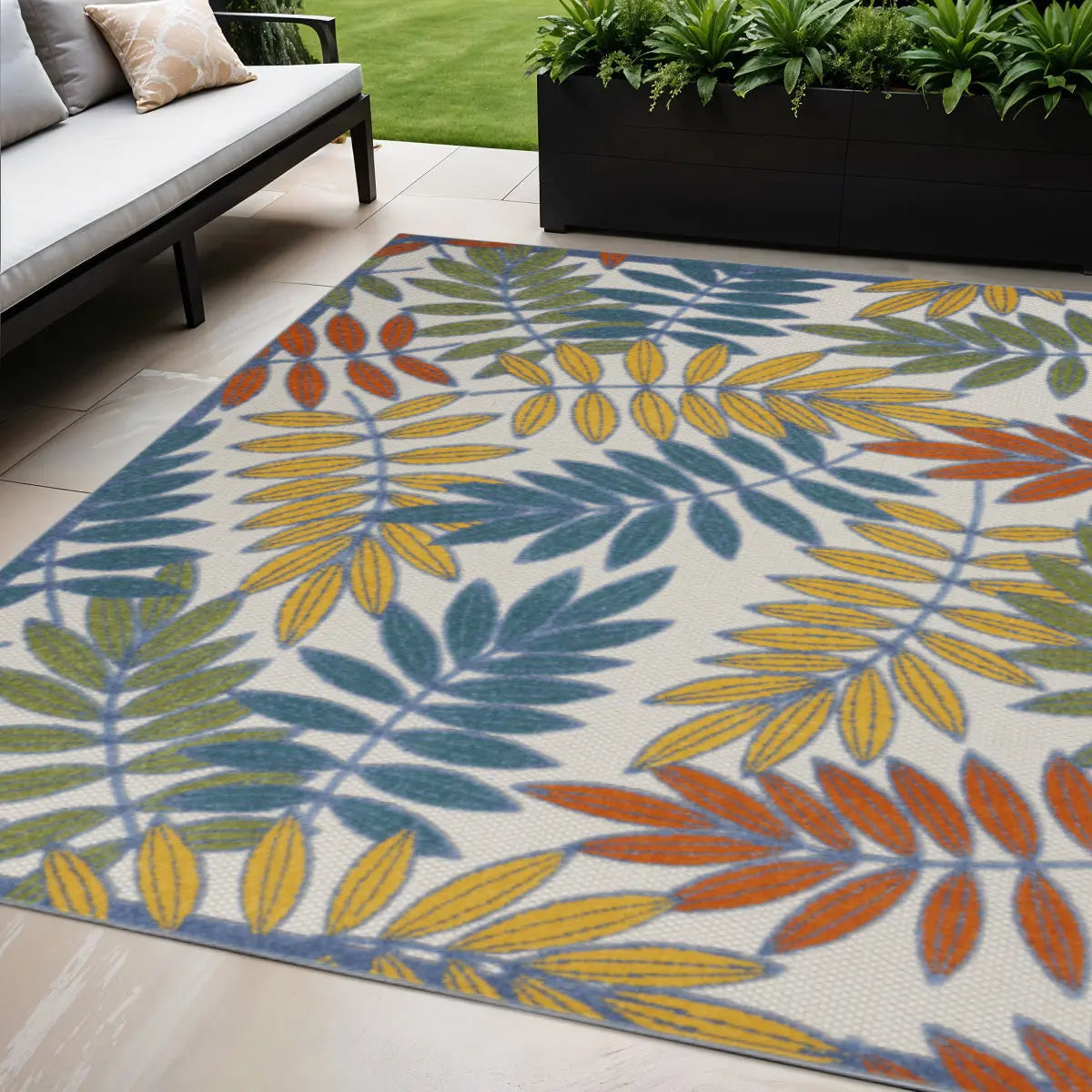 5' X 8' Ivory Yellow Orange Green And Blue Botanical Leaves Indoor Outdoor Area Rug Homeroots Outdoor