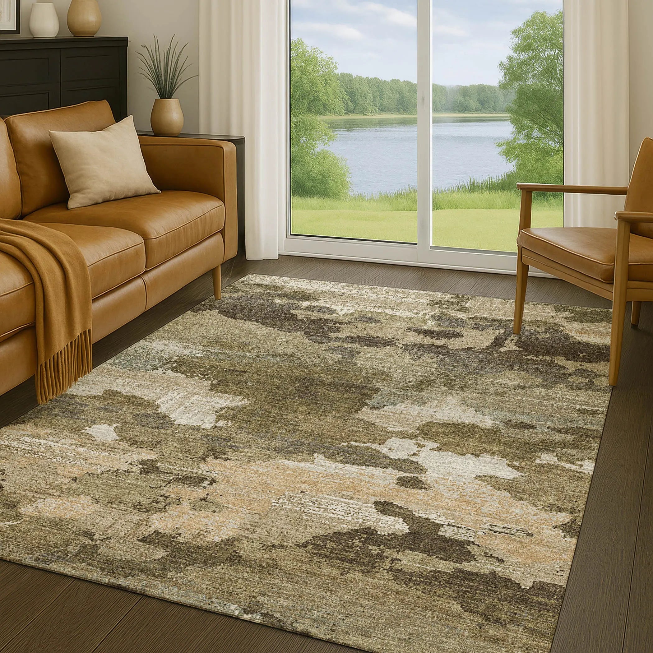 5' X 8' Khaki And Beige Abstract Washable Indoor Outdoor Area Rug Homeroots Outdoor