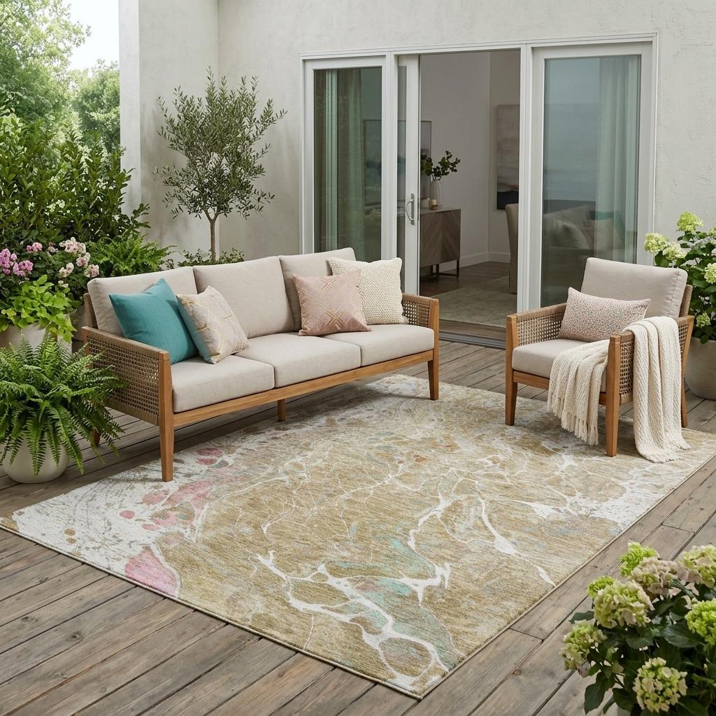 5' X 8' Khaki And Brown Abstract Washable Indoor Outdoor Area Rug Homeroots Outdoor