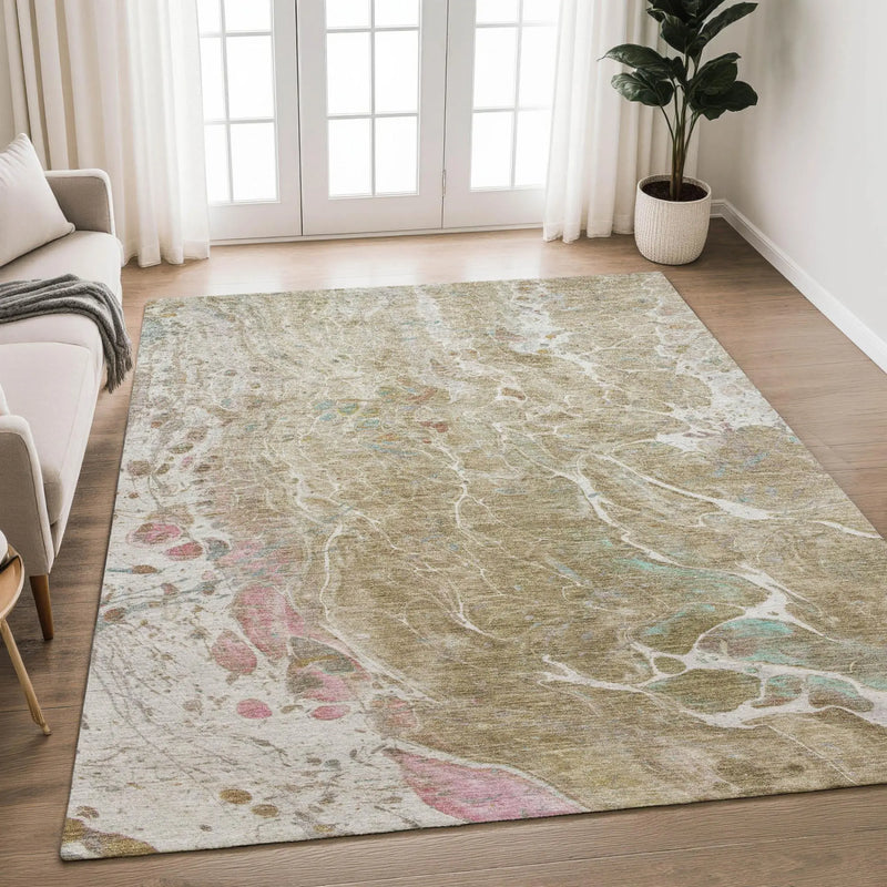 5' X 8' Khaki And Brown Abstract Washable Indoor Outdoor Area Rug Homeroots Outdoor