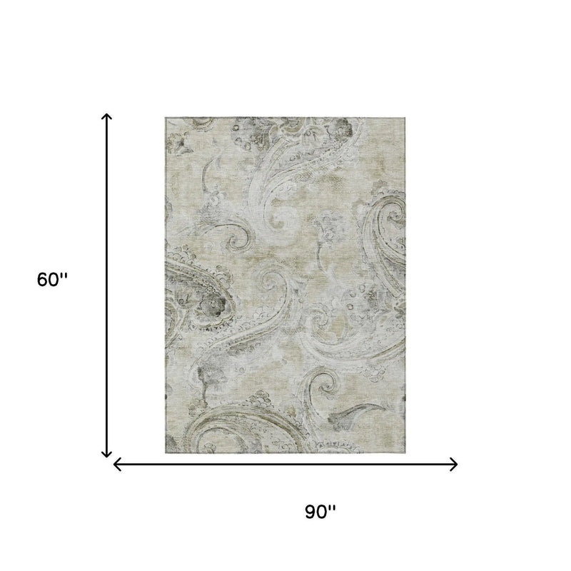 5' X 8' Khaki And Brown Paisley Washable Indoor Outdoor Area Rug Homeroots Outdoor