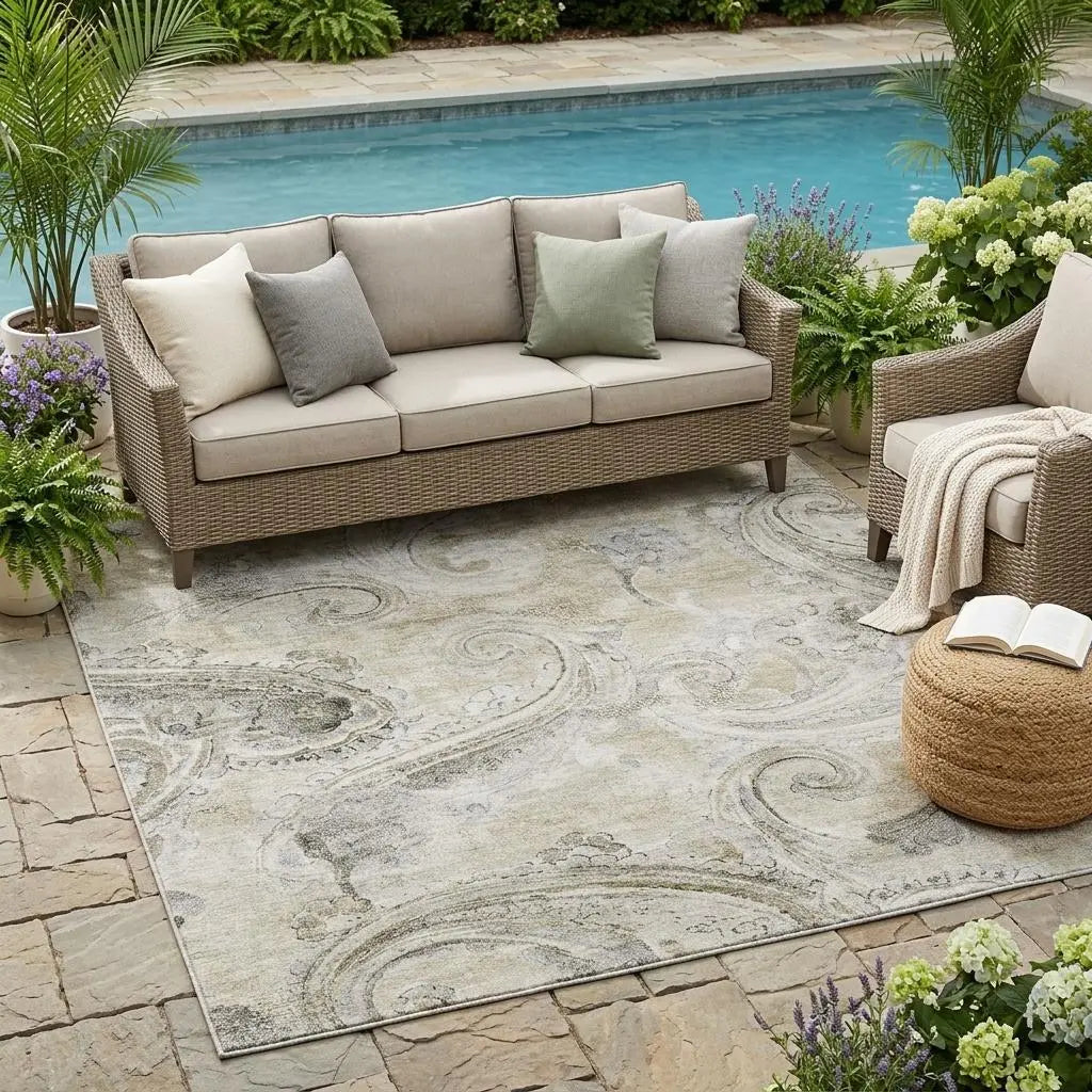 5' X 8' Khaki And Brown Paisley Washable Indoor Outdoor Area Rug Homeroots Outdoor