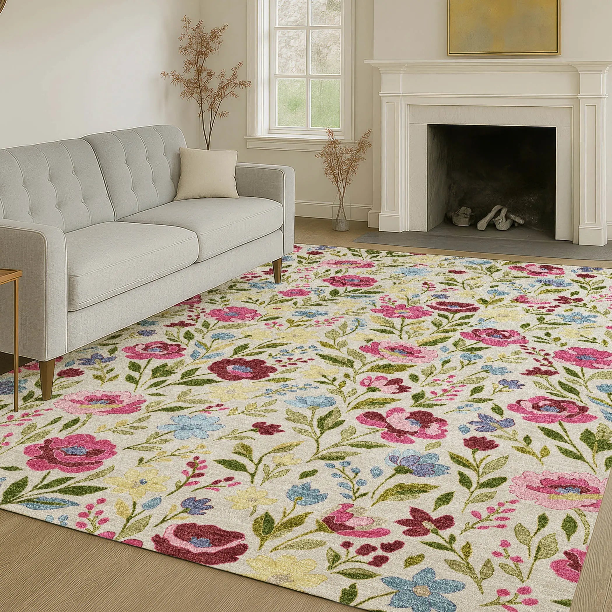 5' X 8' Linen And Blush Floral Washable Indoor Outdoor Area Rug Homeroots Outdoor