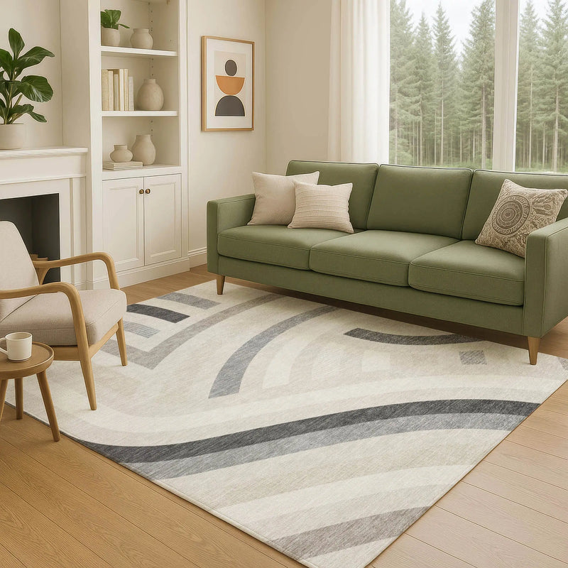 5' X 8' Linen And Ivory Abstract Washable Indoor Outdoor Area Rug Homeroots Outdoor