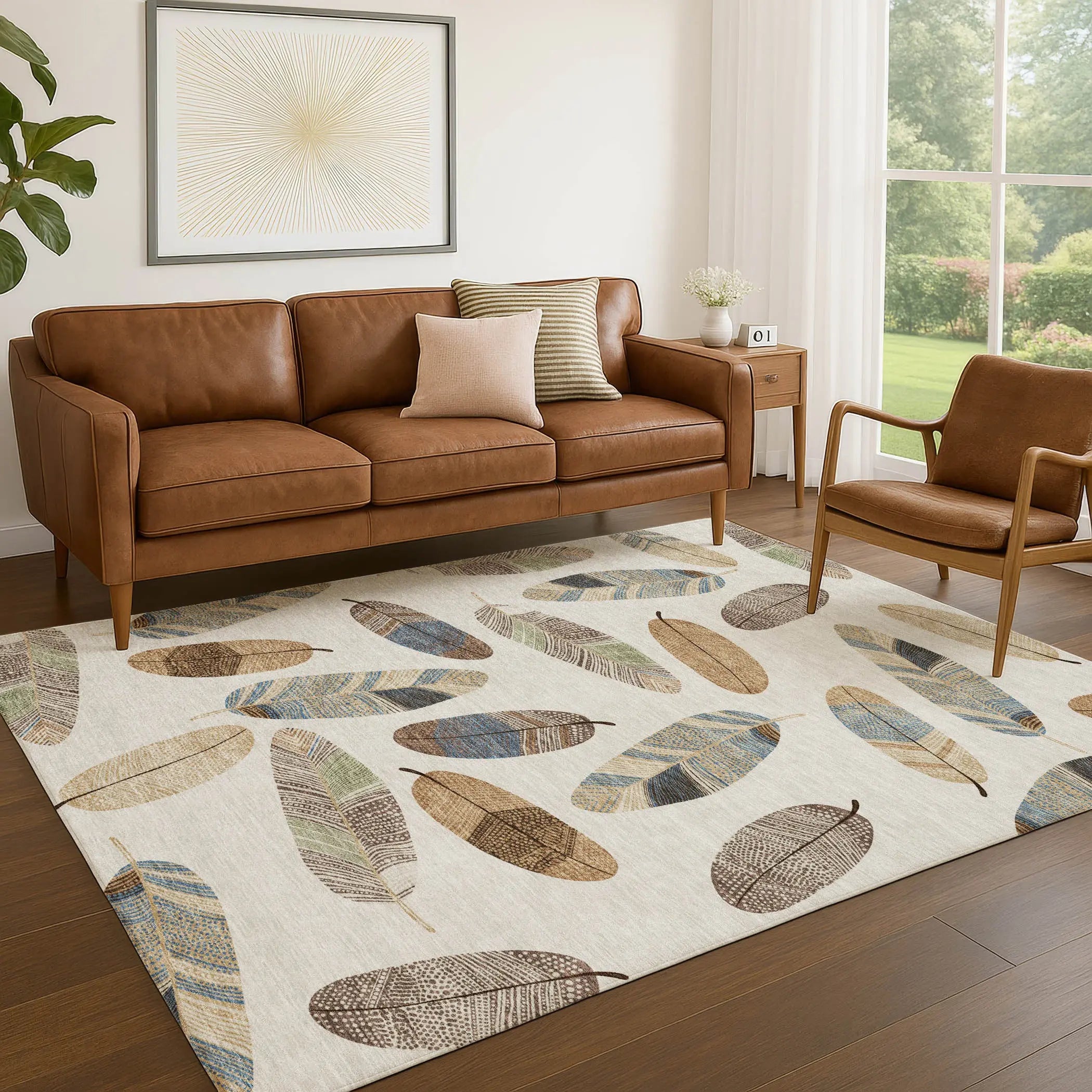 5' X 8' Linen And Ivory Botanical Leaves Washable Indoor Outdoor Area Rug Homeroots Outdoor