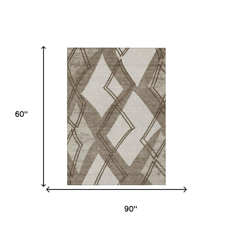 5' X 8' Linen And Ivory Geometric Washable Indoor Outdoor Area Rug Homeroots Outdoor