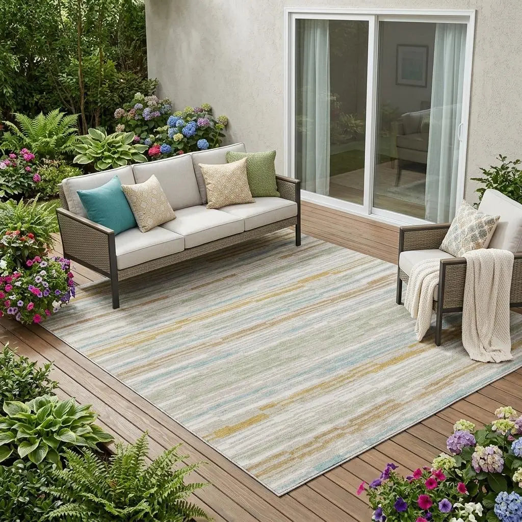 5' X 8' Linen And Ivory Striped Washable Indoor Outdoor Area Rug Homeroots Outdoor