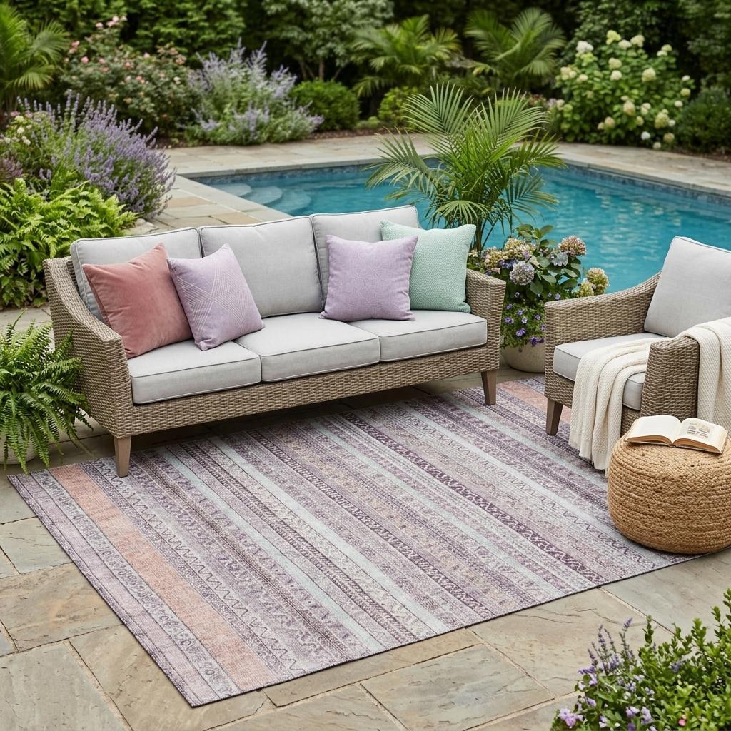 5' X 8' Mauve And Pink Striped Washable Indoor Outdoor Area Rug Homeroots Outdoor