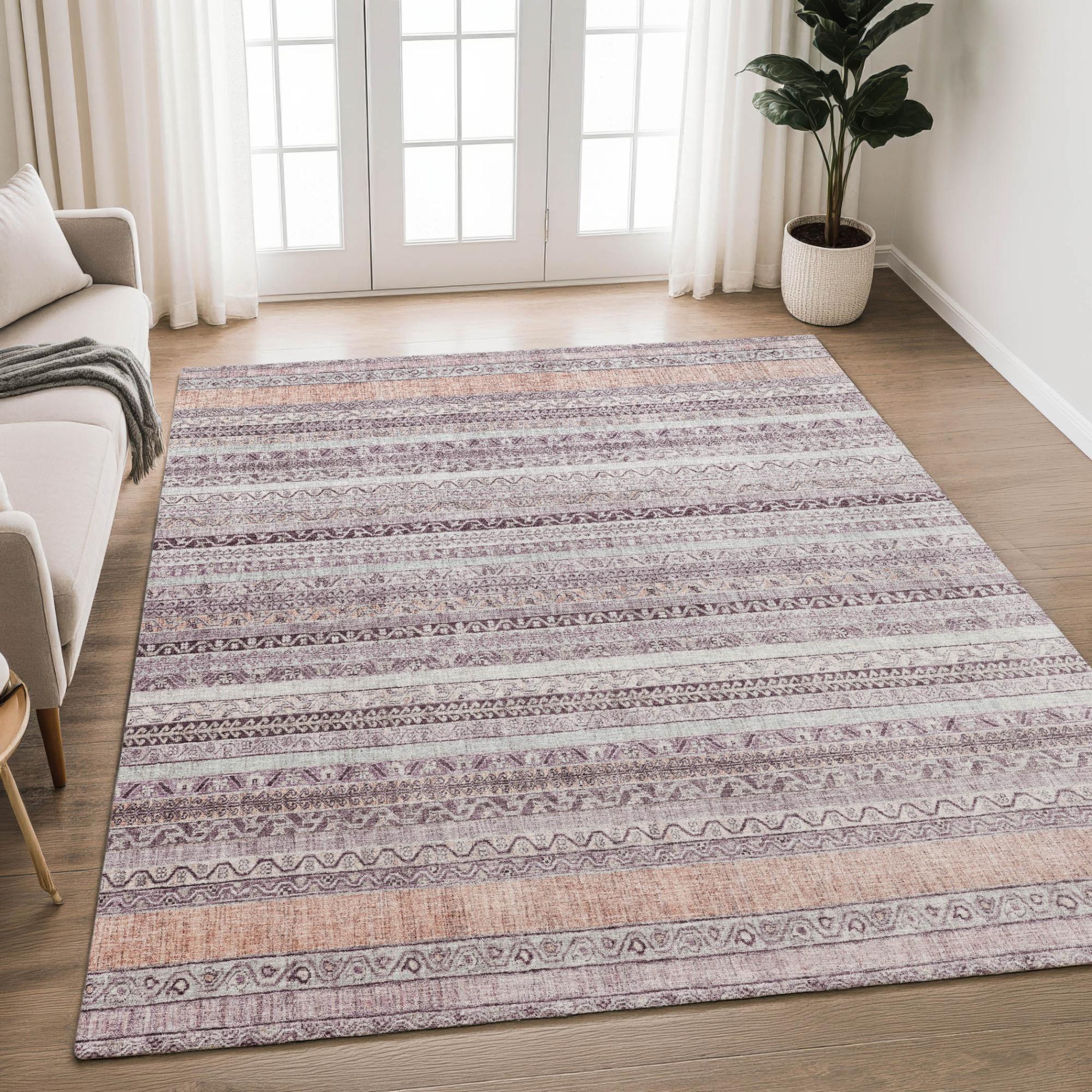 5' X 8' Mauve And Pink Striped Washable Indoor Outdoor Area Rug Homeroots Outdoor