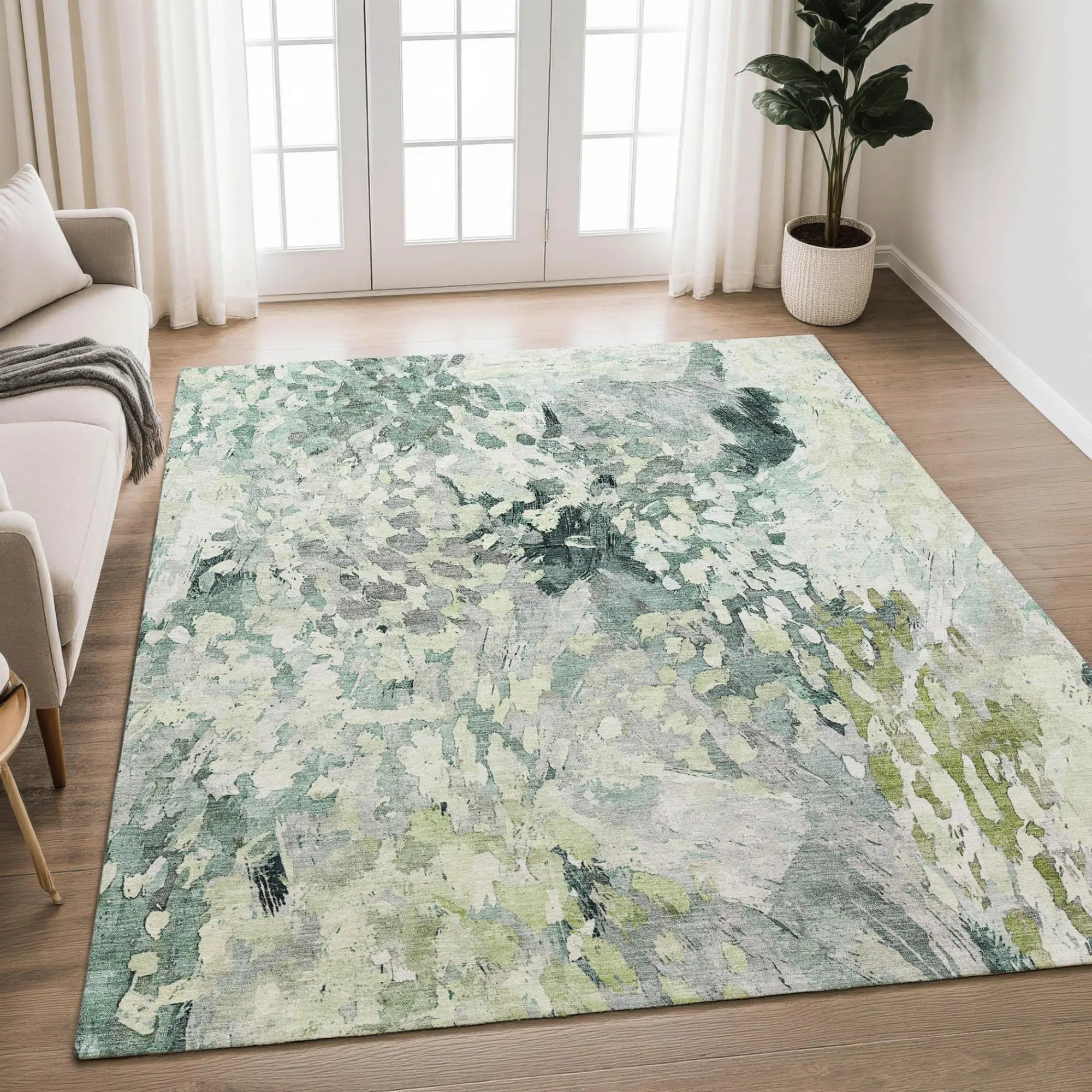 5' X 8' Mint Green And Green Abstract Washable Indoor Outdoor Area Rug Homeroots Outdoor