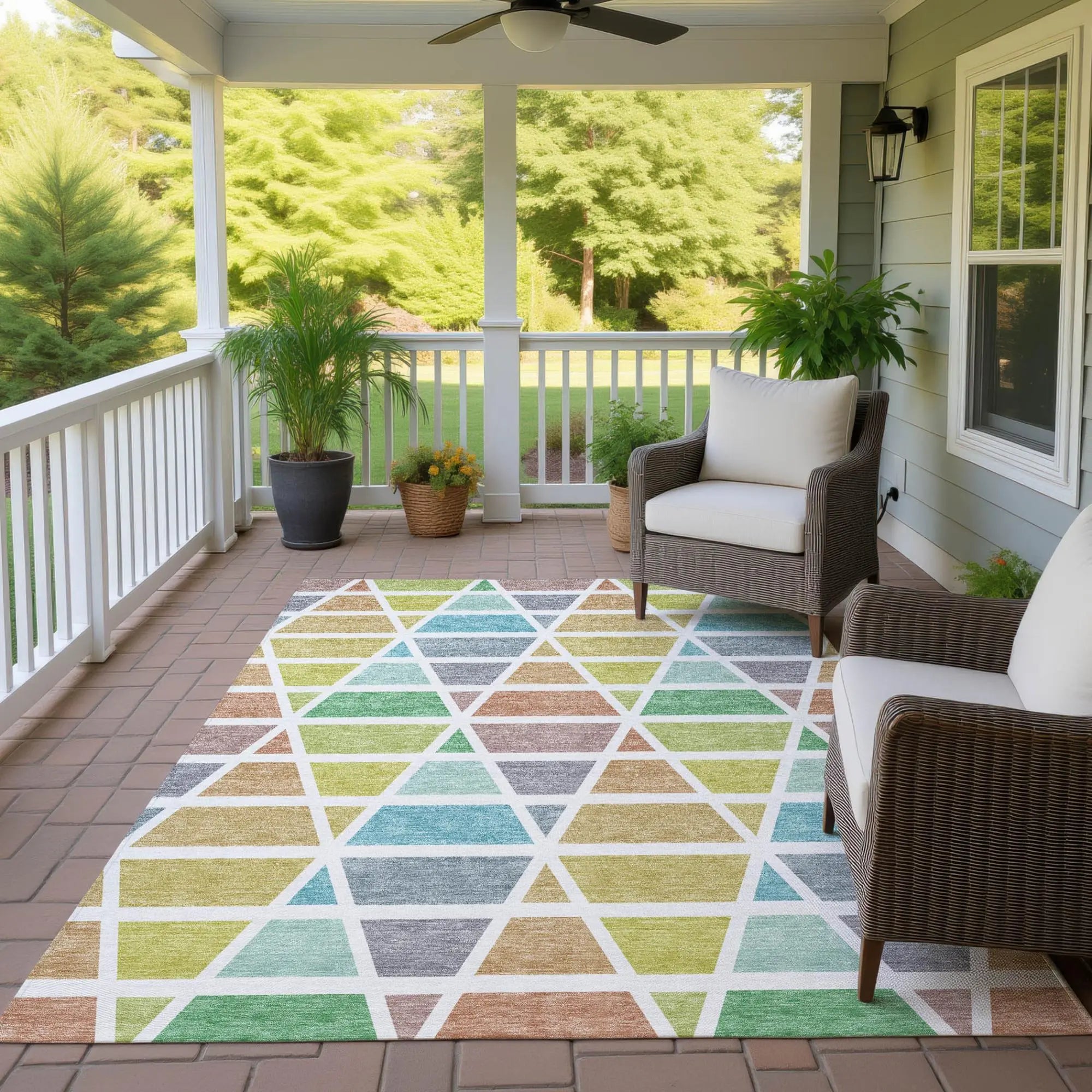 5' X 8' Mint Green And Green Geometric Washable Indoor Outdoor Area Rug Homeroots Outdoor