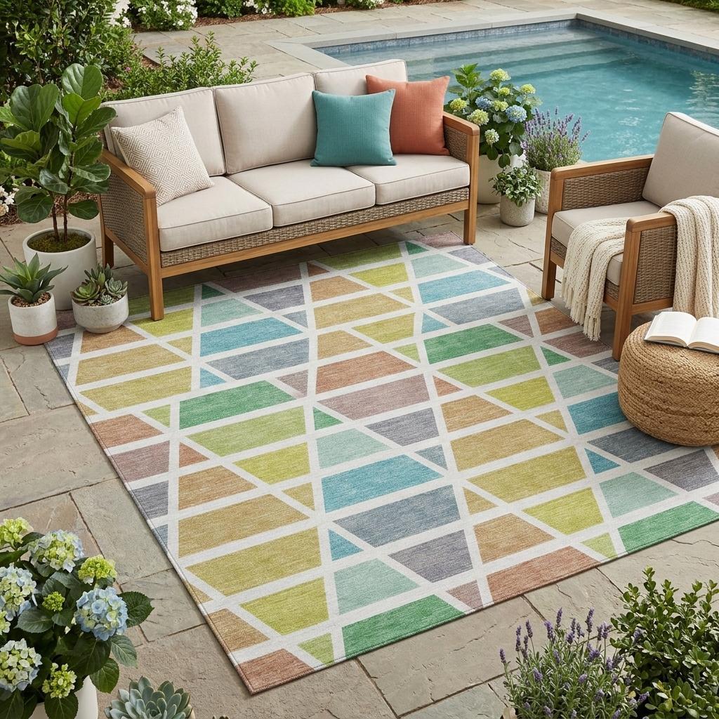 5' X 8' Mint Green And Green Geometric Washable Indoor Outdoor Area Rug Homeroots Outdoor