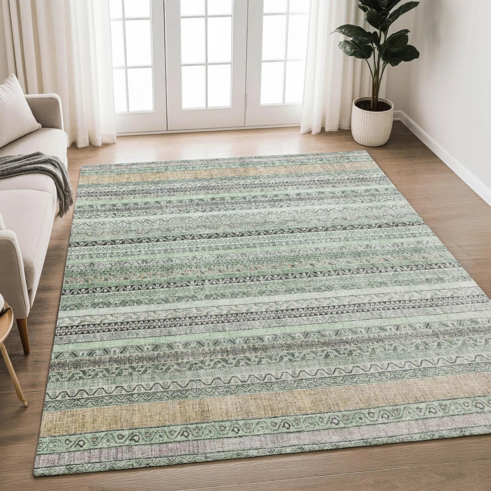 5' X 8' Mint Green And Green Striped Washable Indoor Outdoor Area Rug Homeroots Outdoor