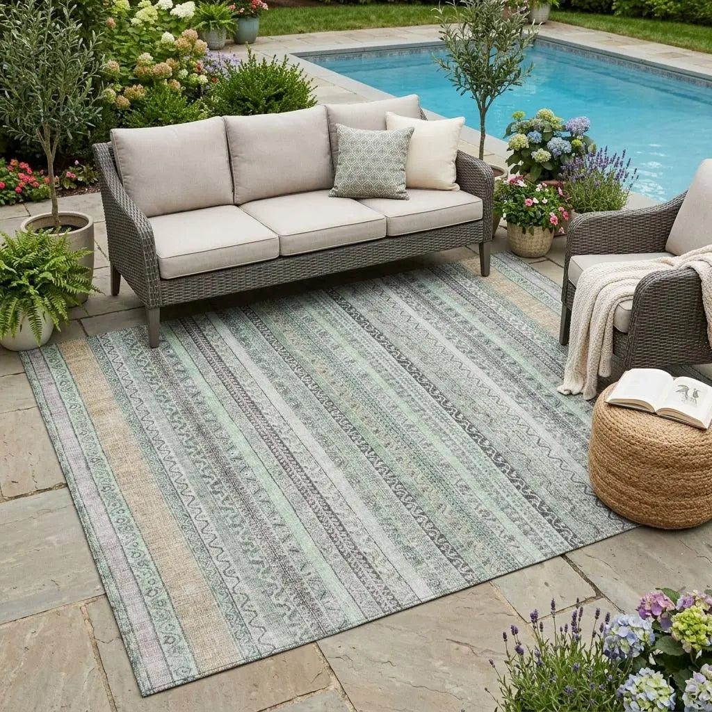 5' X 8' Mint Green And Green Striped Washable Indoor Outdoor Area Rug Homeroots Outdoor
