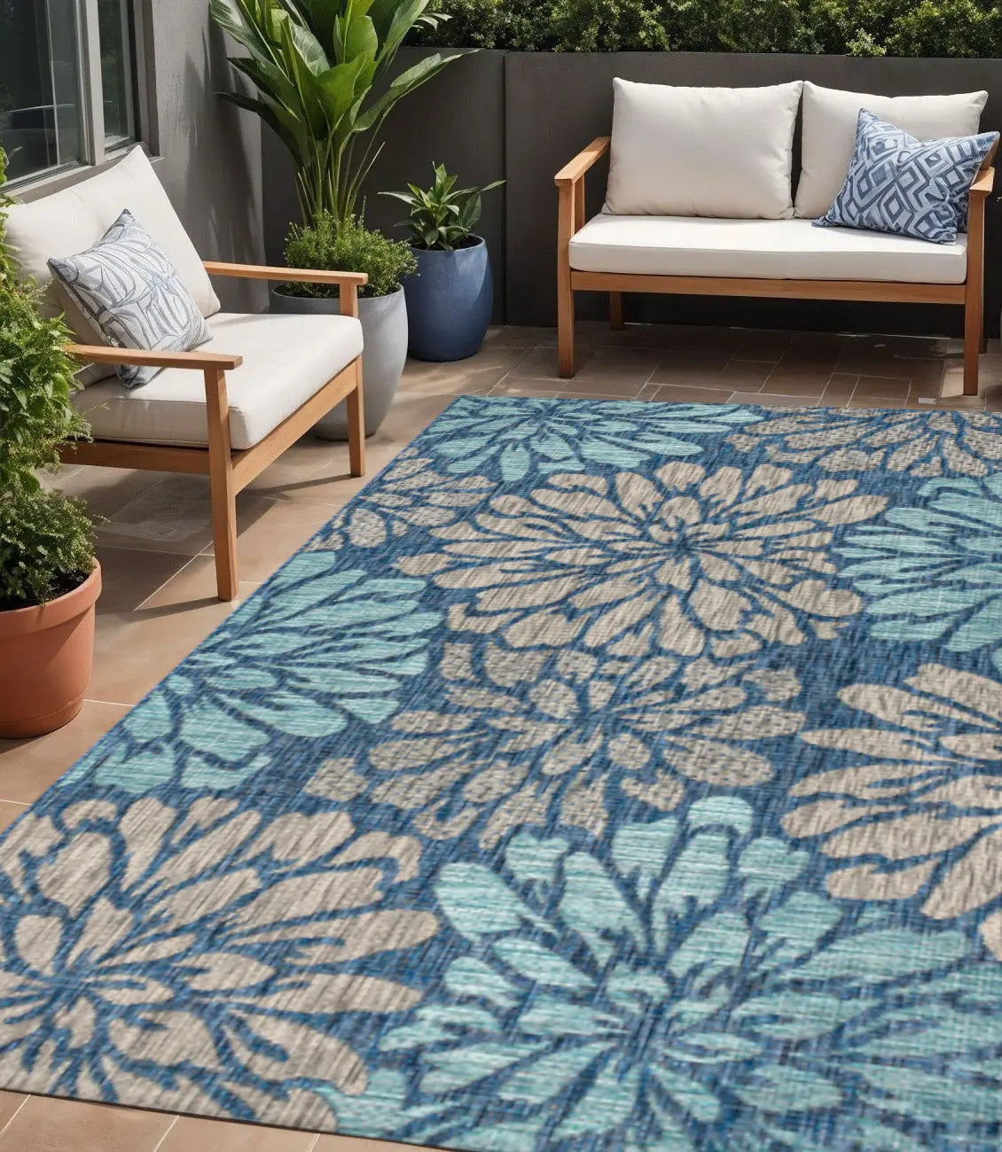 5' X 8' Navy Blue And Aqua Floral Indoor Outdoor Area Rug Homeroots Outdoor