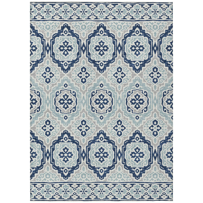 5' X 8' Navy Blue And Aqua Tribal Washable Indoor Outdoor Area Rug Homeroots Outdoor