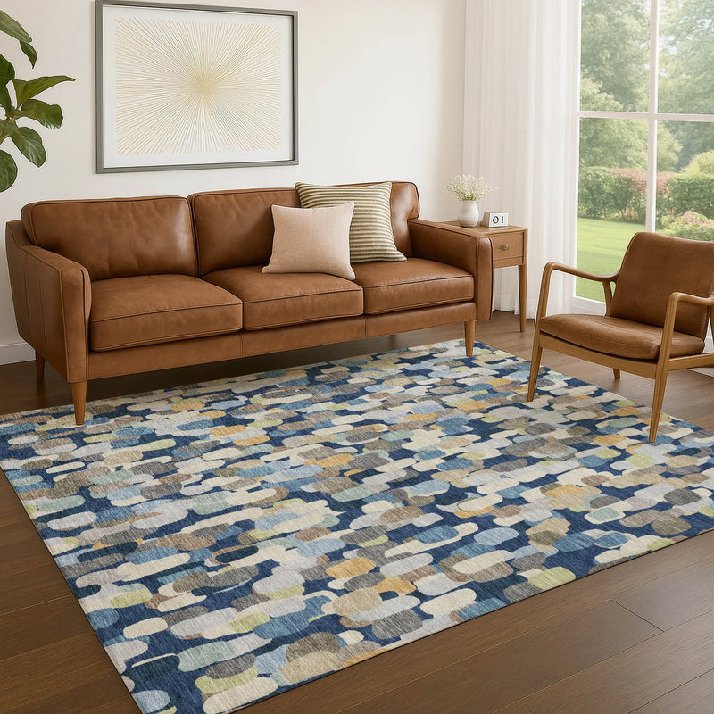 5' X 8' Navy Blue And Beige Abstract Washable Indoor Outdoor Area Rug Homeroots Outdoor
