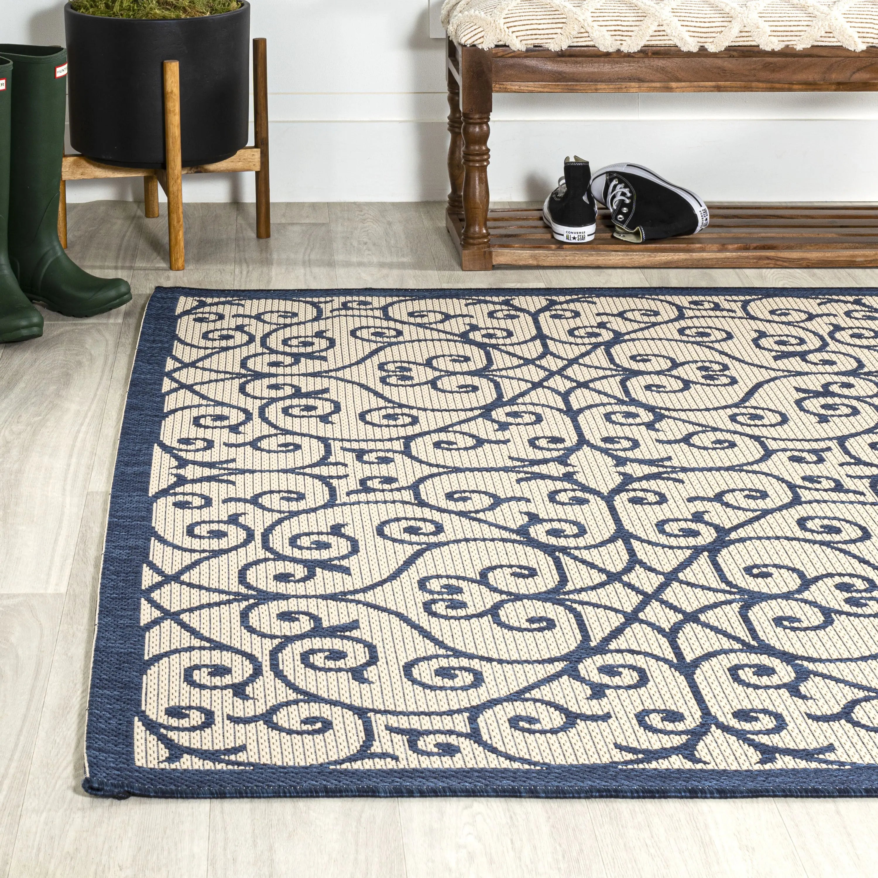 5' X 8' Navy Blue And Beige Geometric Indoor Outdoor Area Rug Homeroots Outdoor