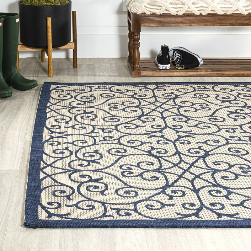 5' X 8' Navy Blue And Beige Geometric Indoor Outdoor Area Rug Homeroots Outdoor
