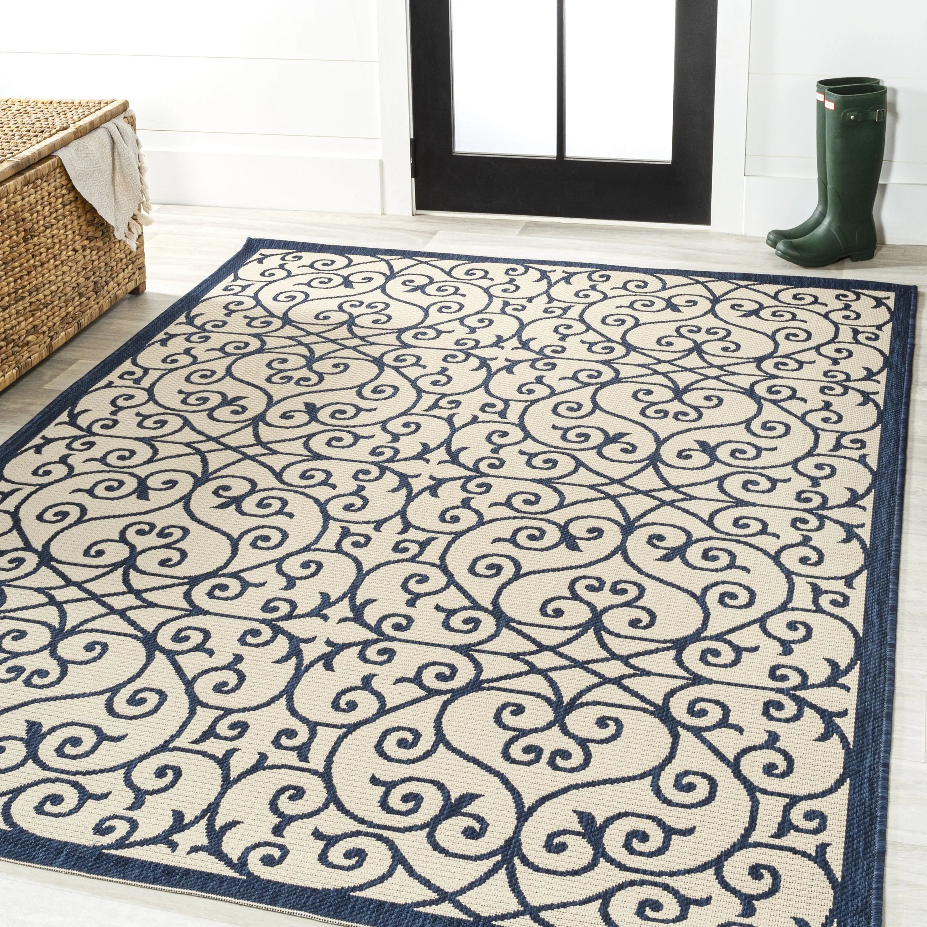 5' X 8' Navy Blue And Beige Geometric Indoor Outdoor Area Rug Homeroots Outdoor
