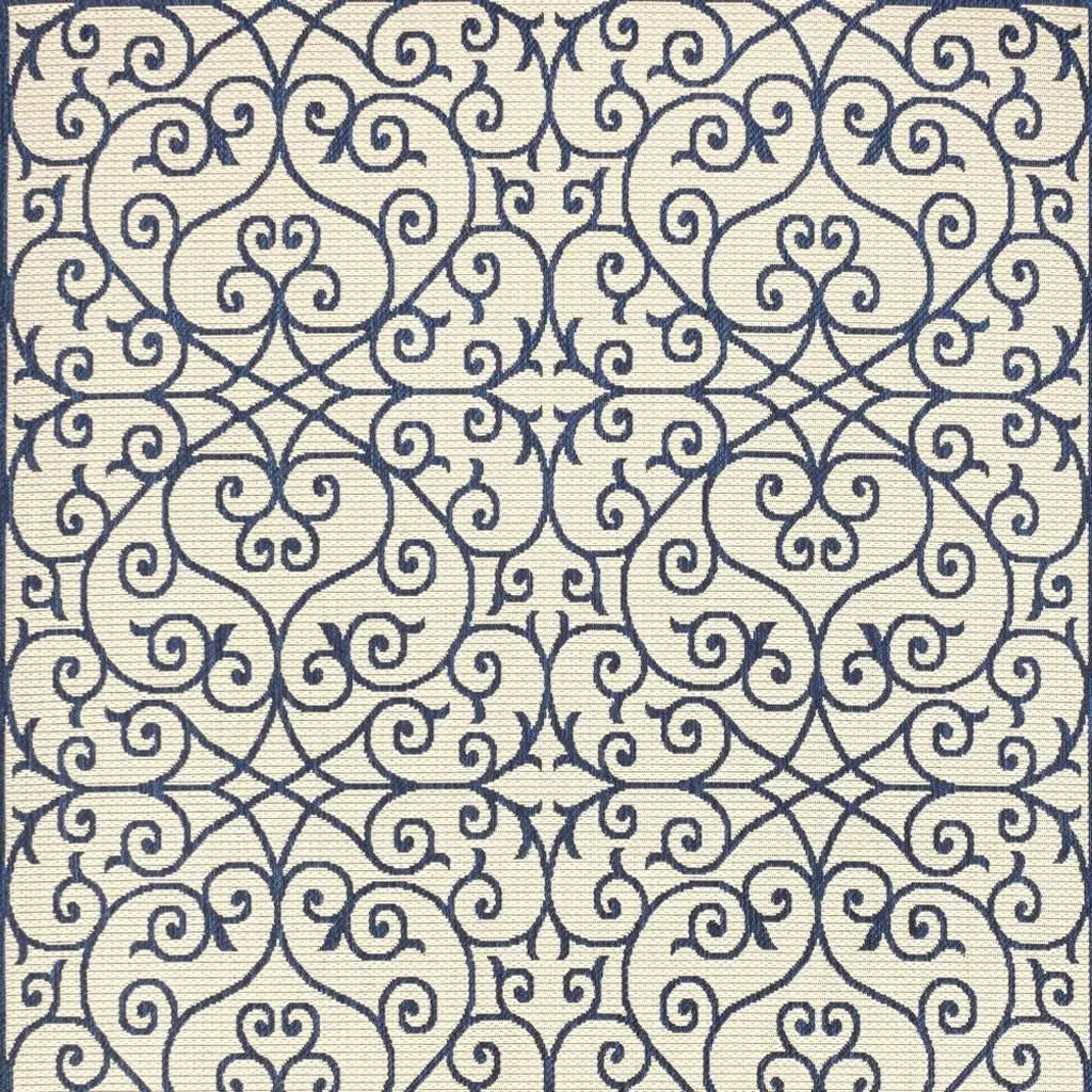 5' X 8' Navy Blue And Beige Geometric Indoor Outdoor Area Rug Homeroots Outdoor