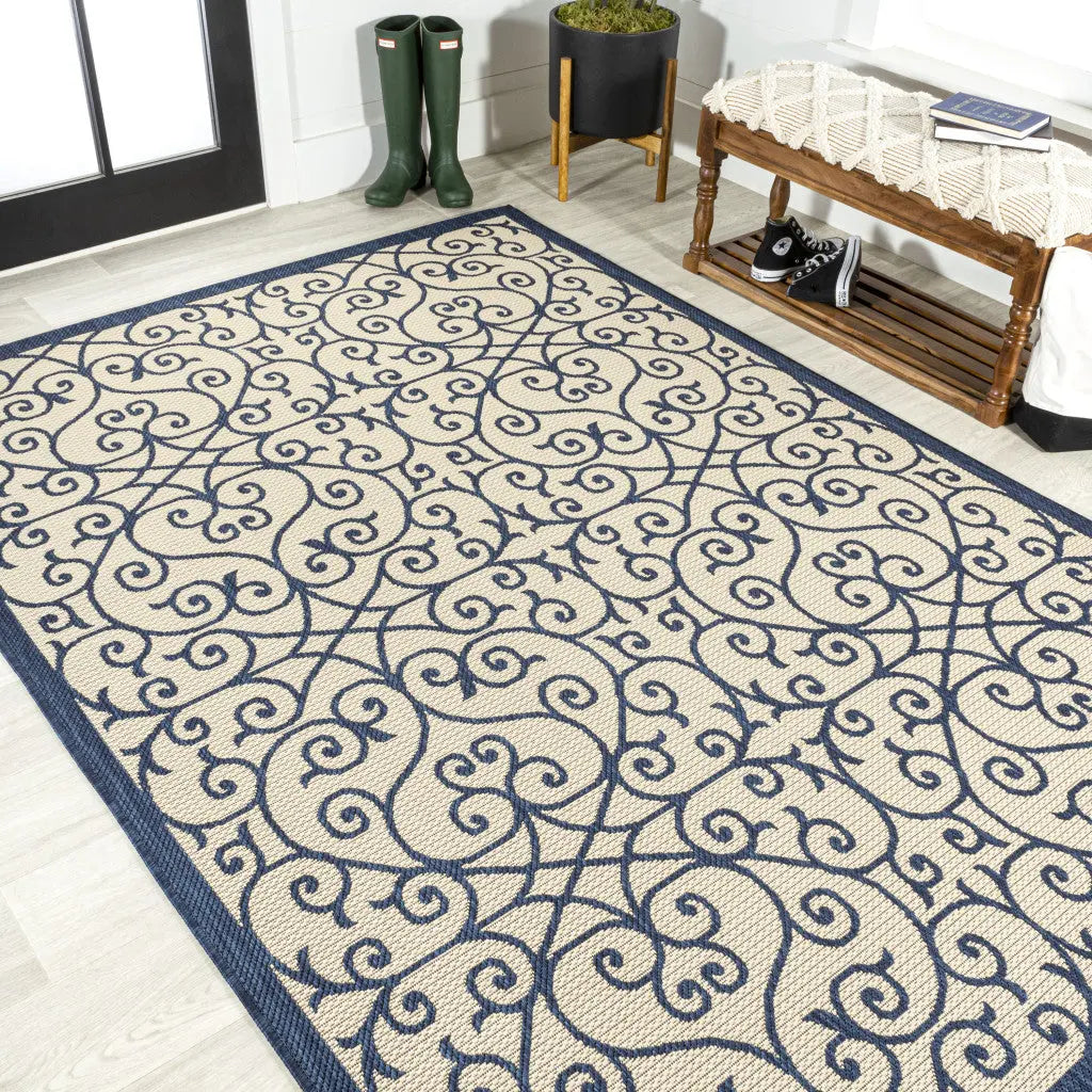 5' X 8' Navy Blue And Beige Geometric Indoor Outdoor Area Rug Homeroots Outdoor