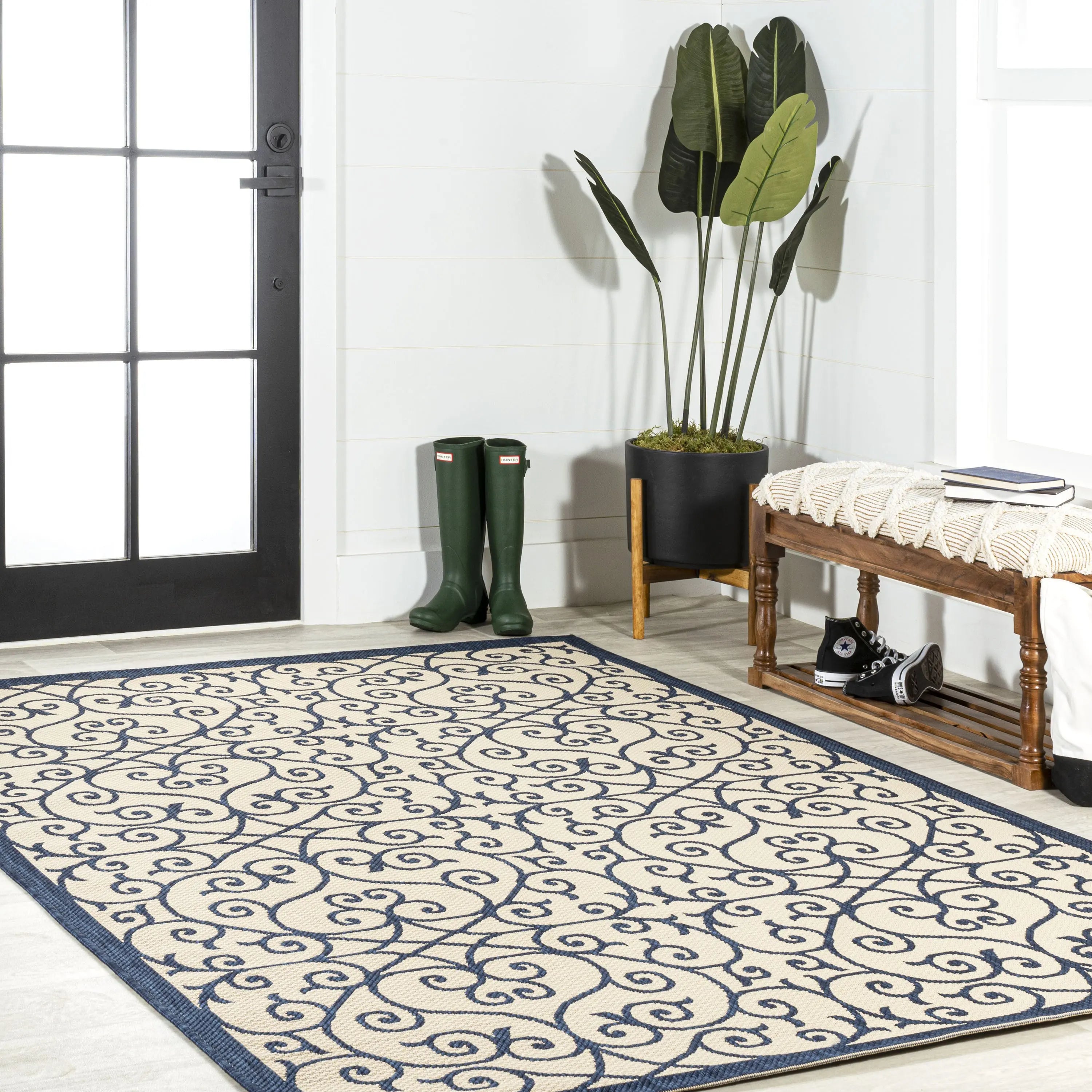 5' X 8' Navy Blue And Beige Geometric Indoor Outdoor Area Rug Homeroots Outdoor
