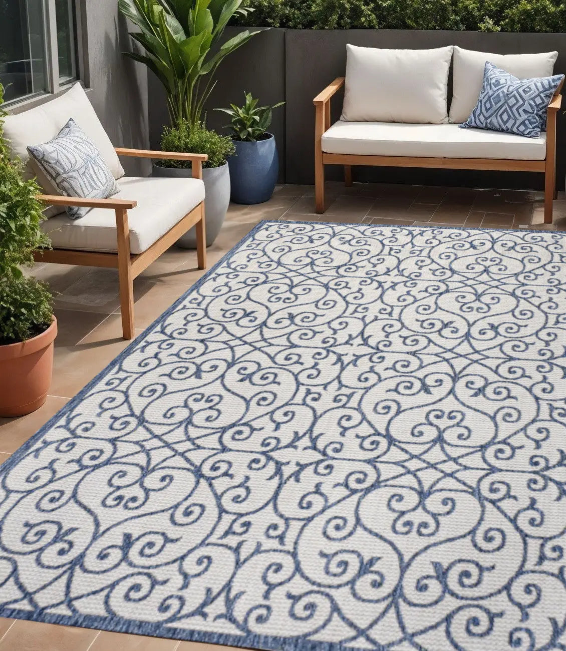 5' X 8' Navy Blue And Beige Geometric Indoor Outdoor Area Rug Homeroots Outdoor
