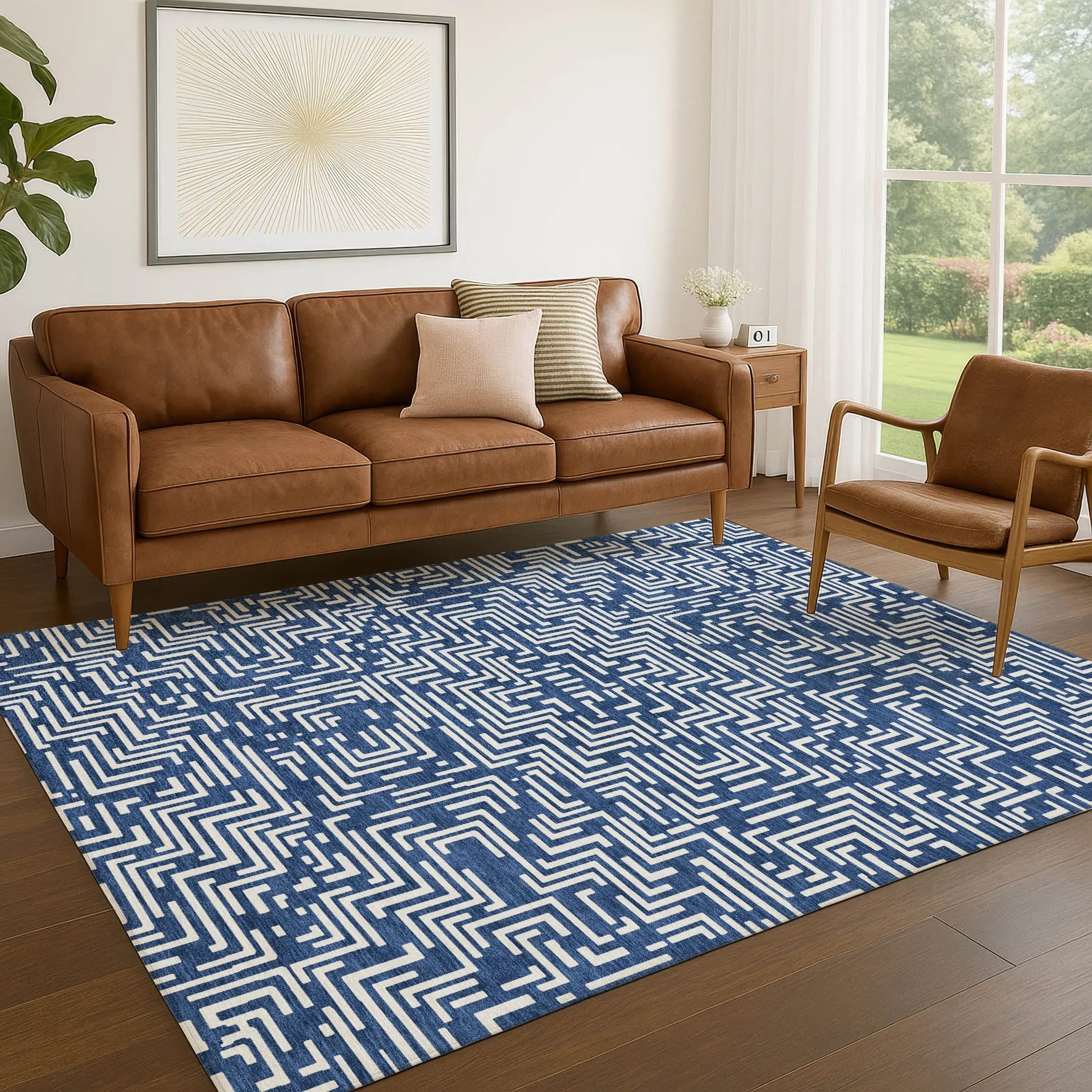 5' X 8' Navy Blue And Beige Geometric Washable Indoor Outdoor Area Rug Homeroots Outdoor