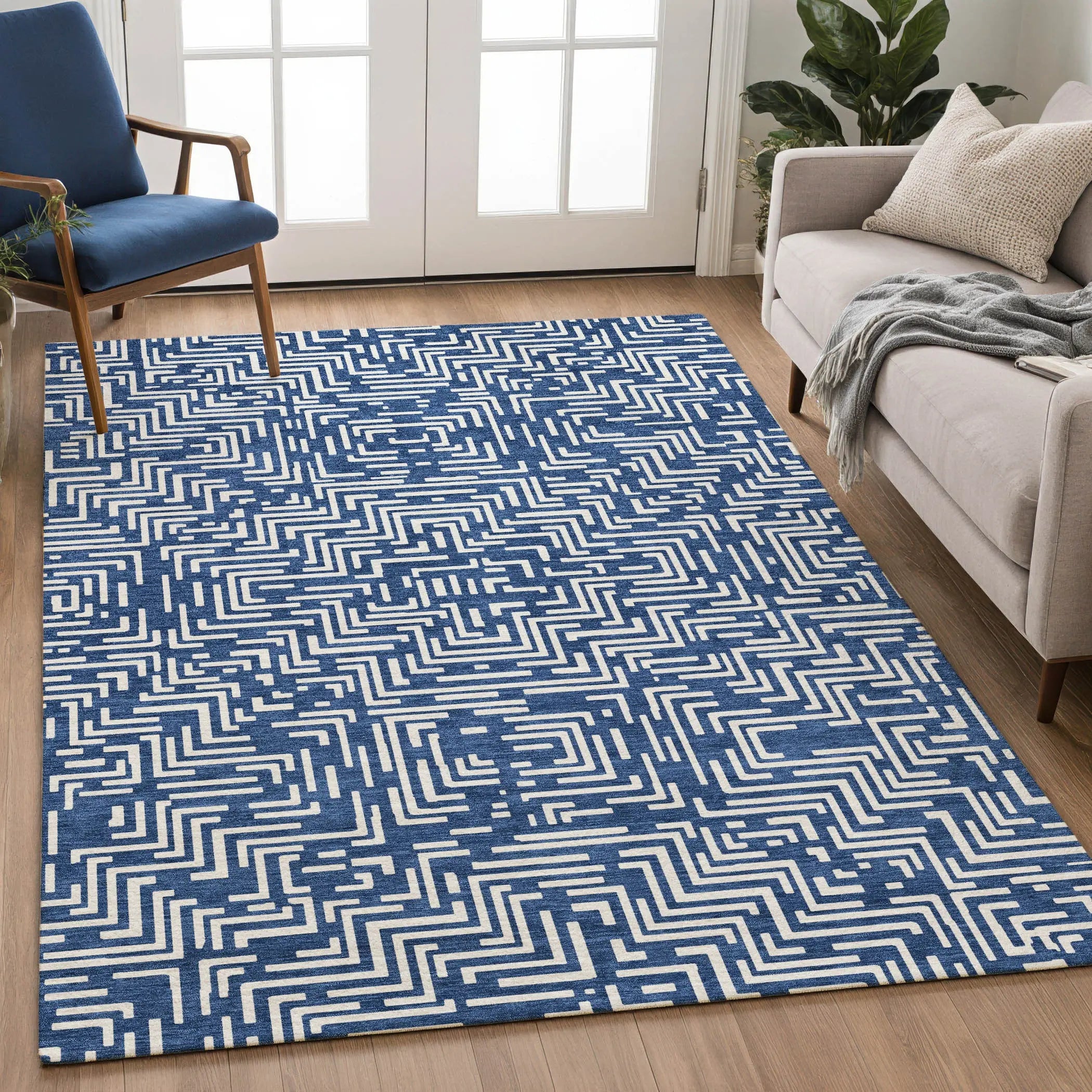 5' X 8' Navy Blue And Beige Geometric Washable Indoor Outdoor Area Rug Homeroots Outdoor