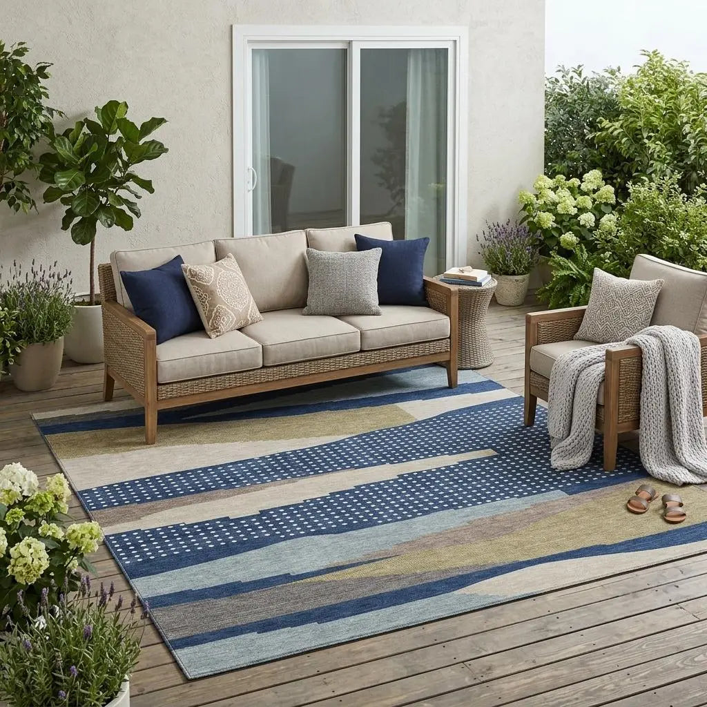 5' X 8' Navy Blue And Blue Abstract Washable Indoor Outdoor Area Rug Homeroots Outdoor