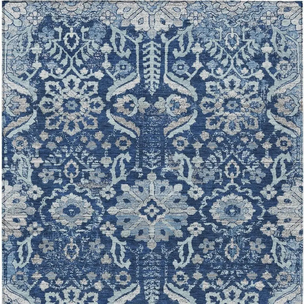 5' X 8' Navy Blue And Blue Damask Washable Indoor Outdoor Area Rug Homeroots Outdoor