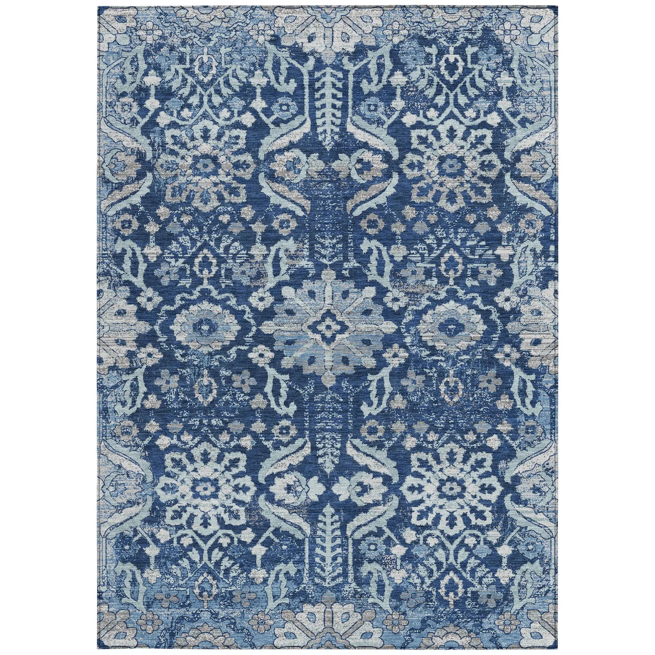 5' X 8' Navy Blue And Blue Damask Washable Indoor Outdoor Area Rug Homeroots Outdoor