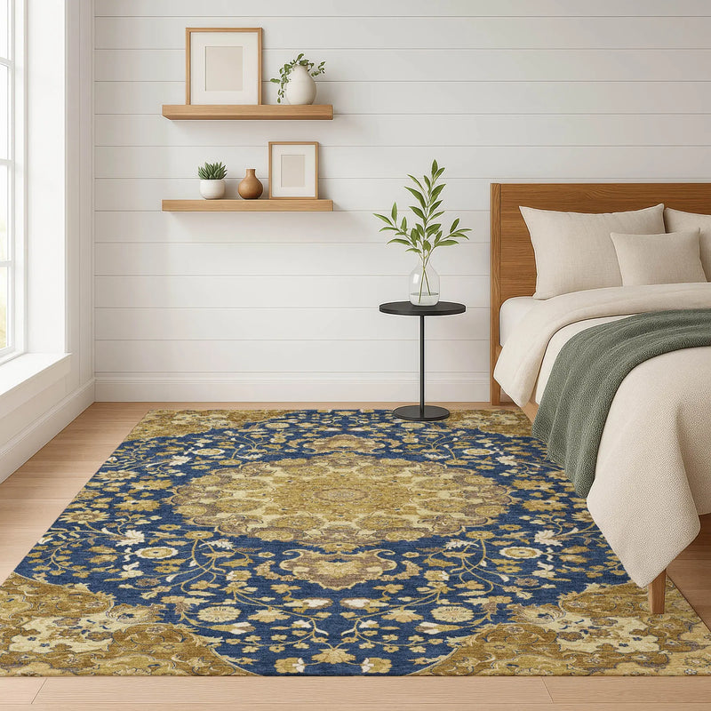 5' X 8' Navy Blue And Blue Damask Washable Indoor Outdoor Area Rug Homeroots Outdoor