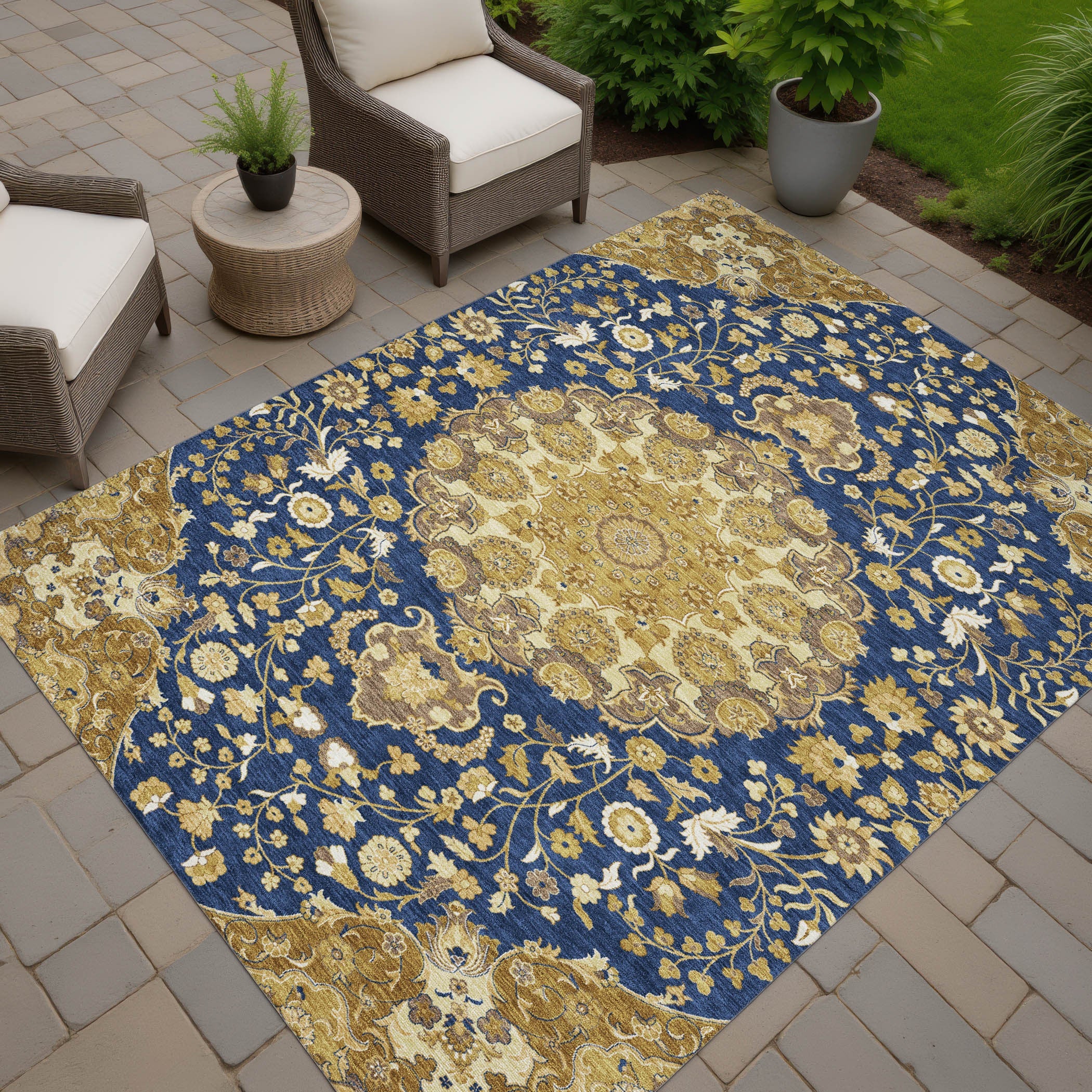 5' X 8' Navy Blue And Blue Damask Washable Indoor Outdoor Area Rug Homeroots Outdoor