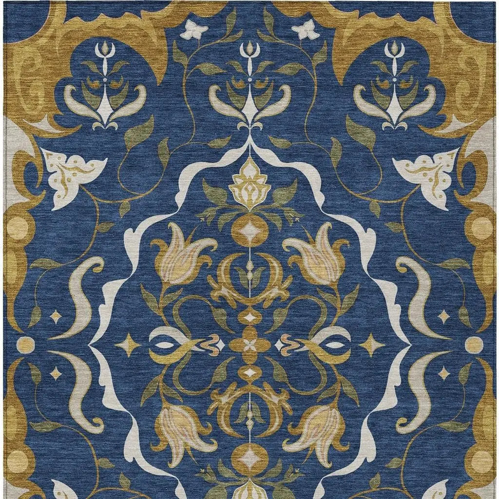 5' X 8' Navy Blue And Blue Damask Washable Indoor Outdoor Area Rug Homeroots Outdoor