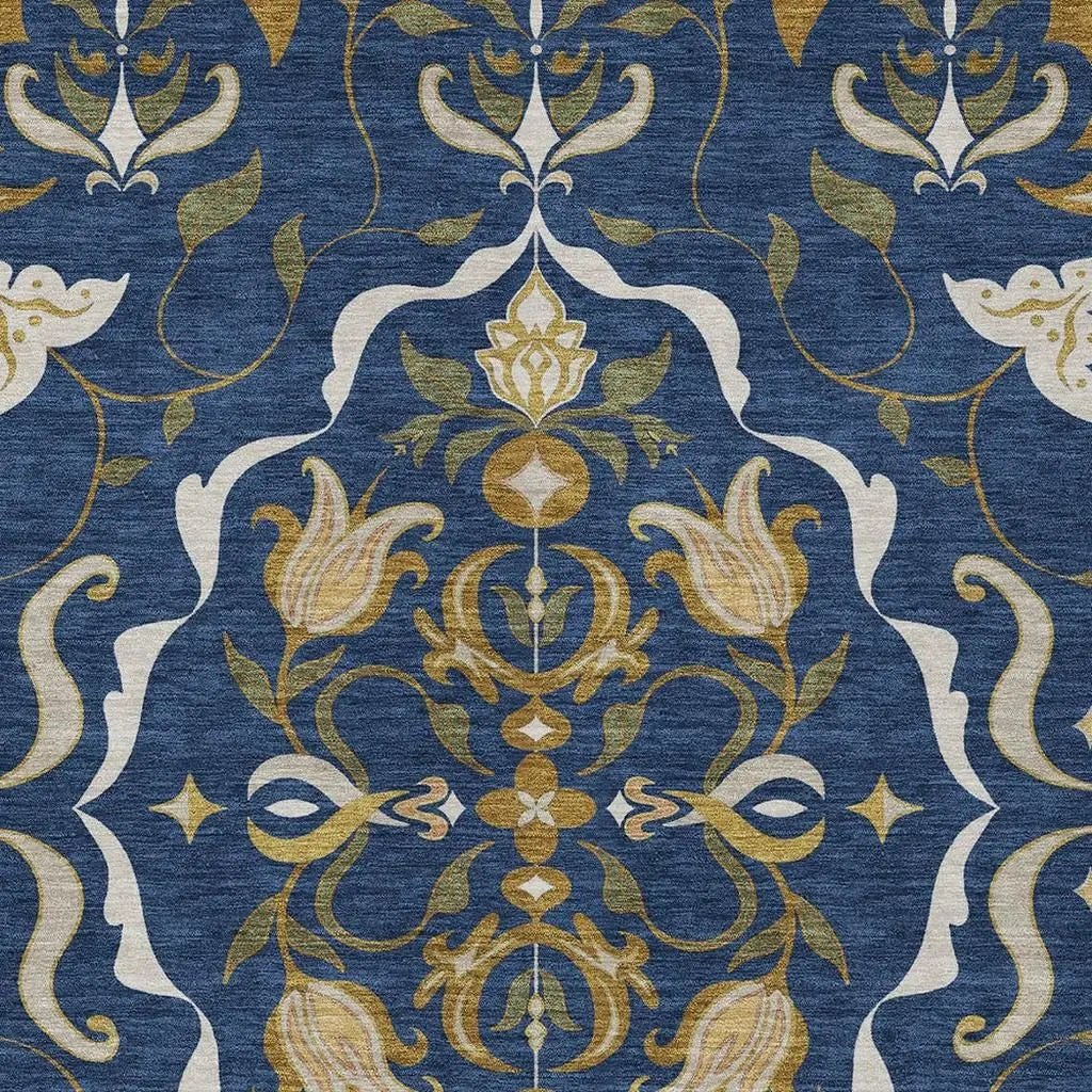 5' X 8' Navy Blue And Blue Damask Washable Indoor Outdoor Area Rug Homeroots Outdoor