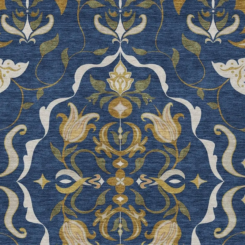 5' X 8' Navy Blue And Blue Damask Washable Indoor Outdoor Area Rug Homeroots Outdoor