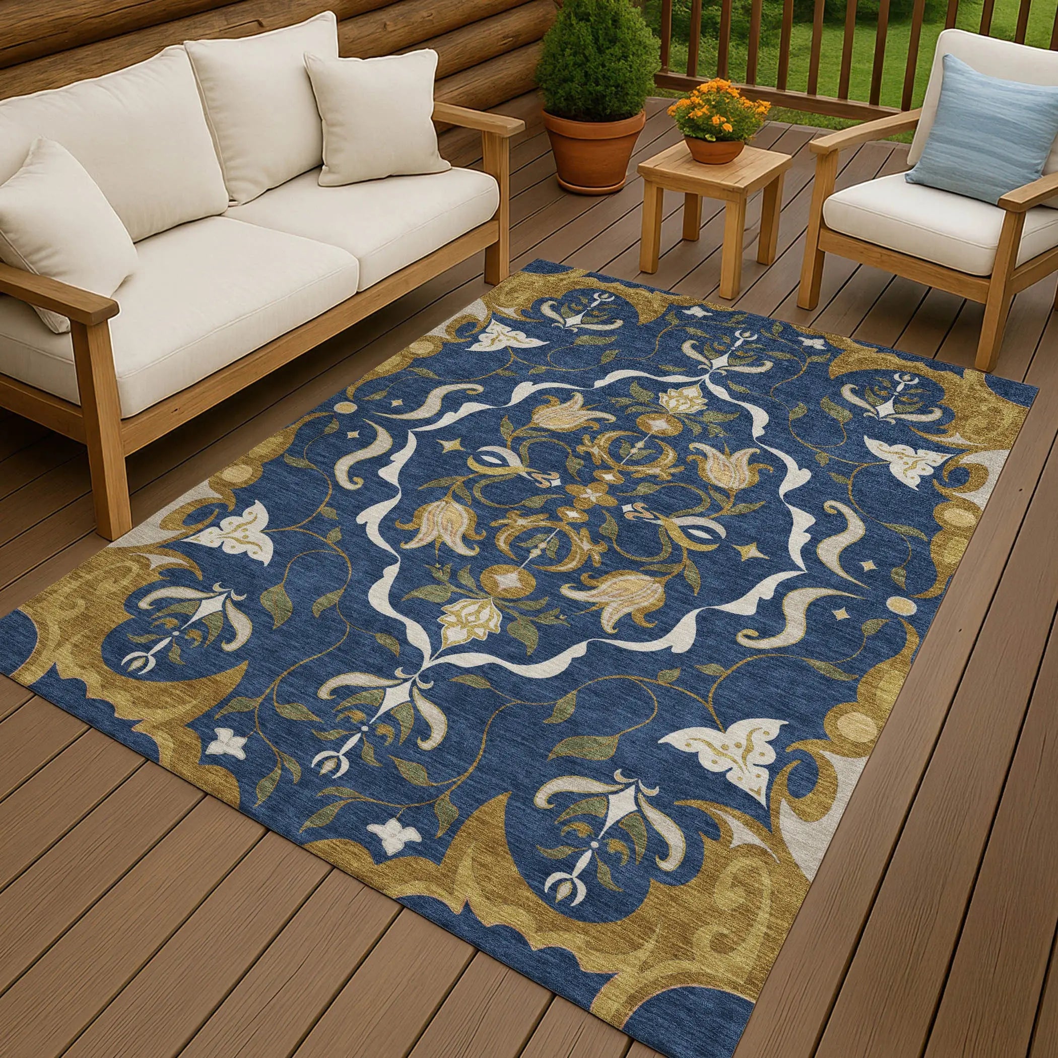 5' X 8' Navy Blue And Blue Damask Washable Indoor Outdoor Area Rug Homeroots Outdoor