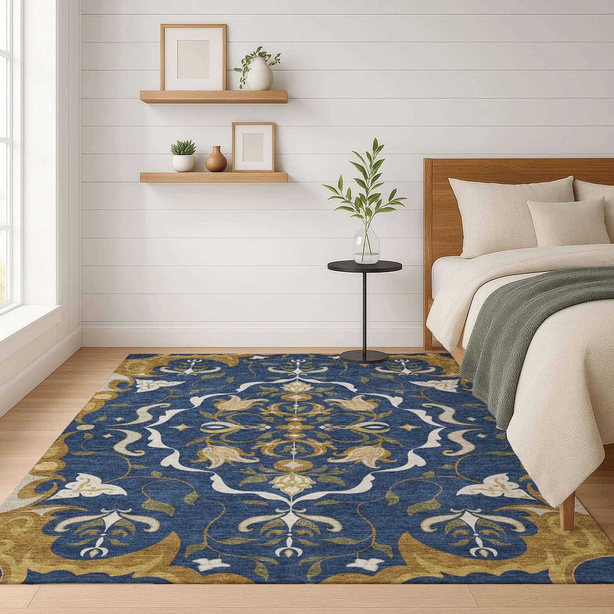 5' X 8' Navy Blue And Blue Damask Washable Indoor Outdoor Area Rug Homeroots Outdoor