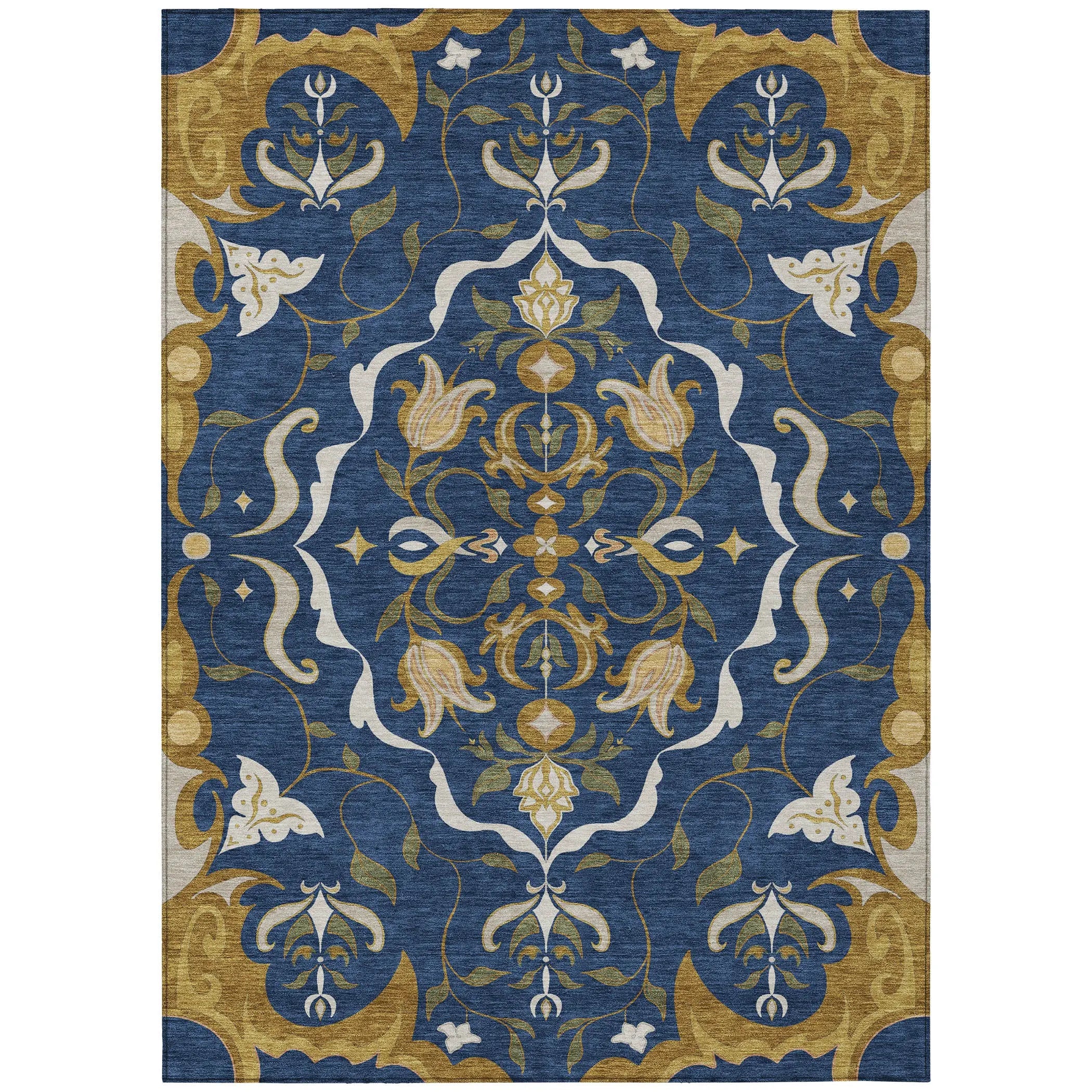 5' X 8' Navy Blue And Blue Damask Washable Indoor Outdoor Area Rug Homeroots Outdoor