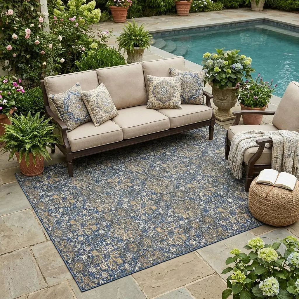 5' X 8' Navy Blue And Blue Damask Washable Indoor Outdoor Area Rug Homeroots Outdoor