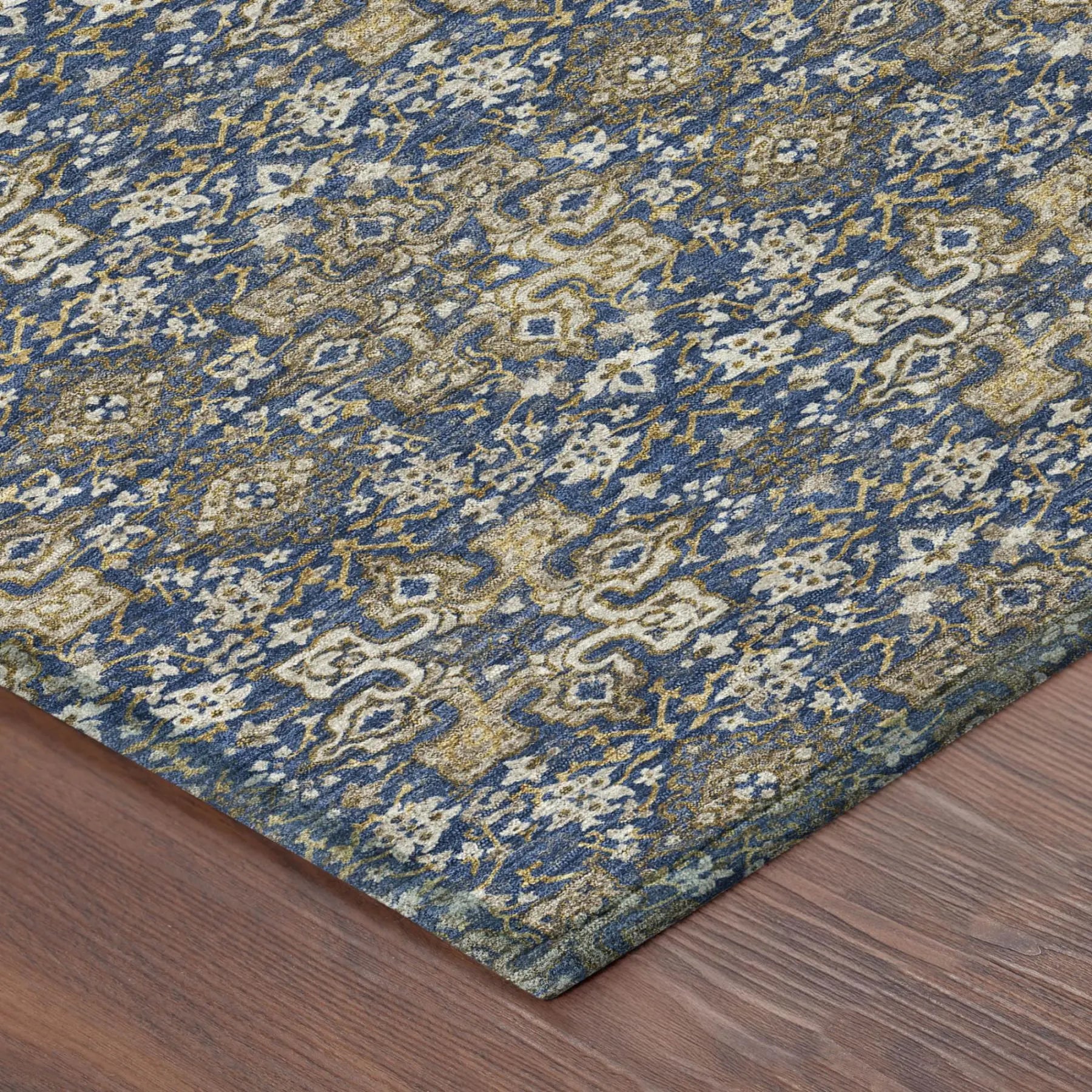 5' X 8' Navy Blue And Blue Damask Washable Indoor Outdoor Area Rug Homeroots Outdoor