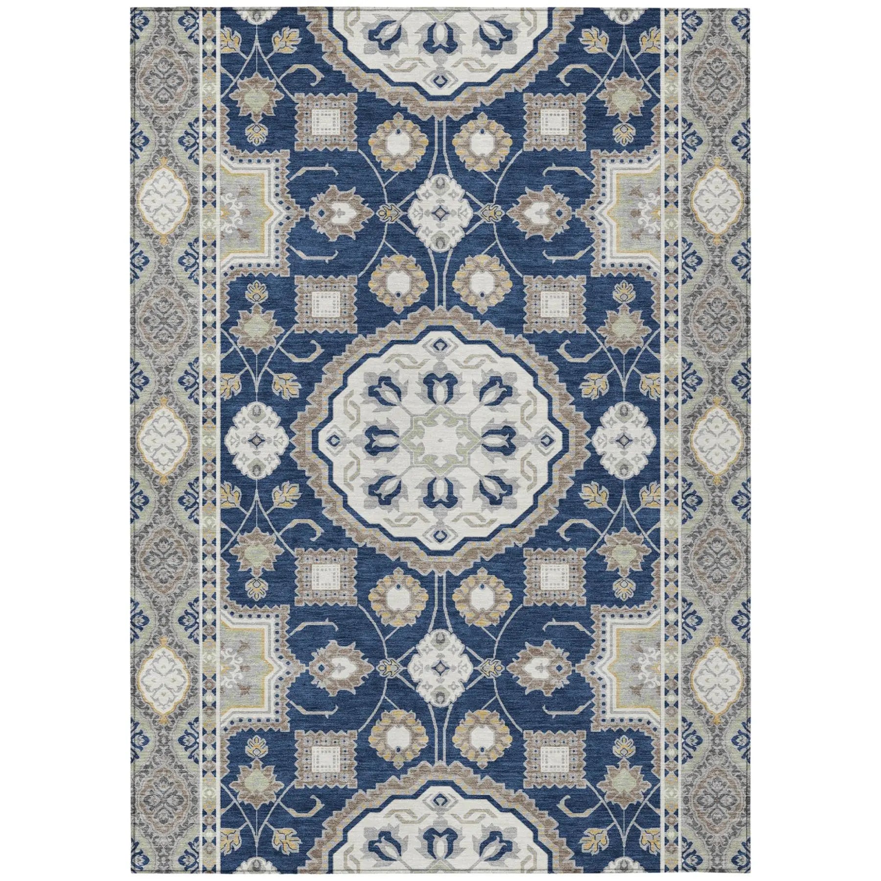 5' X 8' Navy Blue And Blue Floral Medallion Washable Indoor Outdoor Area Rug Homeroots Outdoor