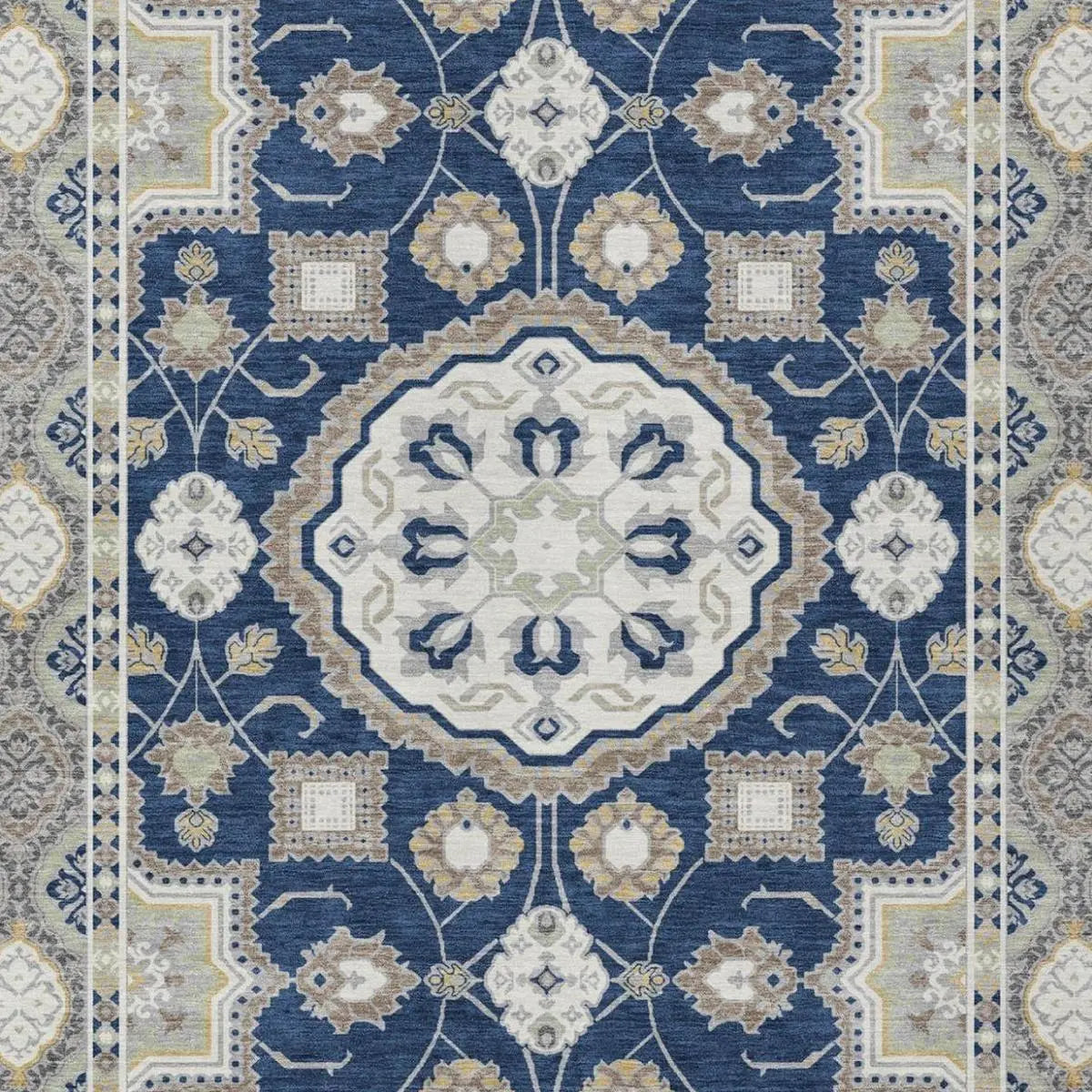 5' X 8' Navy Blue And Blue Floral Medallion Washable Indoor Outdoor Area Rug Homeroots Outdoor