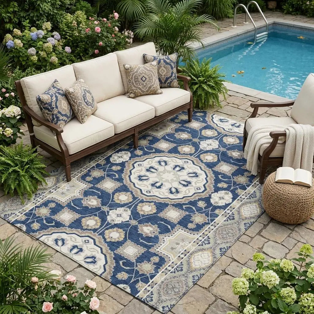 5' X 8' Navy Blue And Blue Floral Medallion Washable Indoor Outdoor Area Rug Homeroots Outdoor