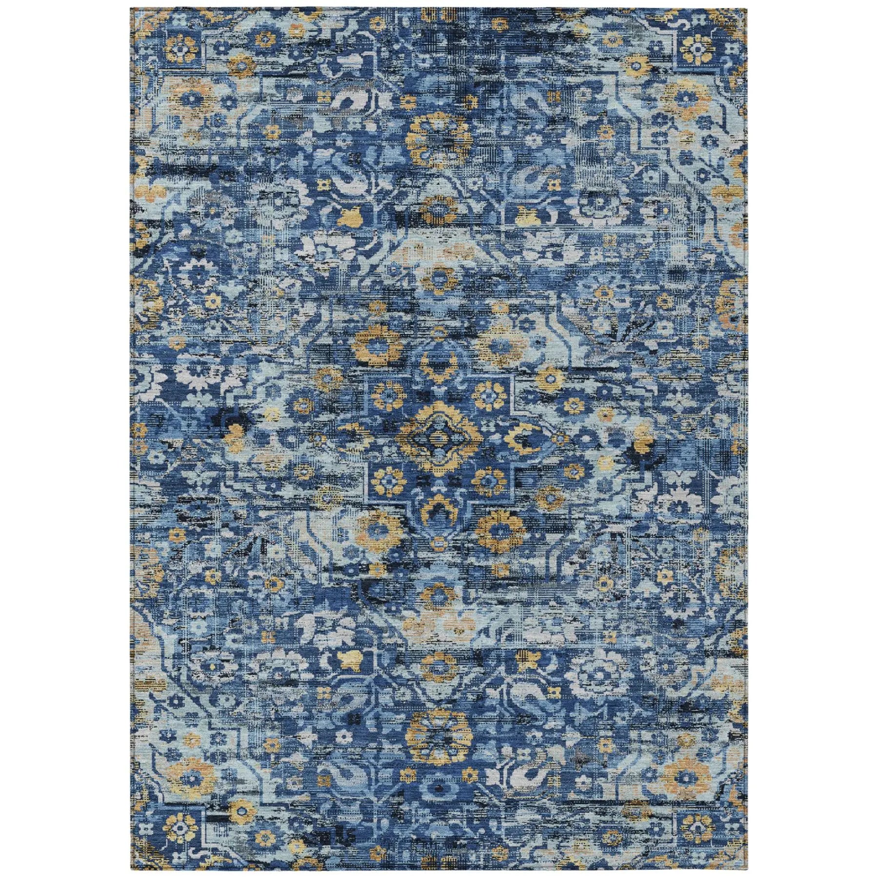 5' X 8' Navy Blue And Blue Floral Medallion Washable Indoor Outdoor Area Rug Homeroots Outdoor
