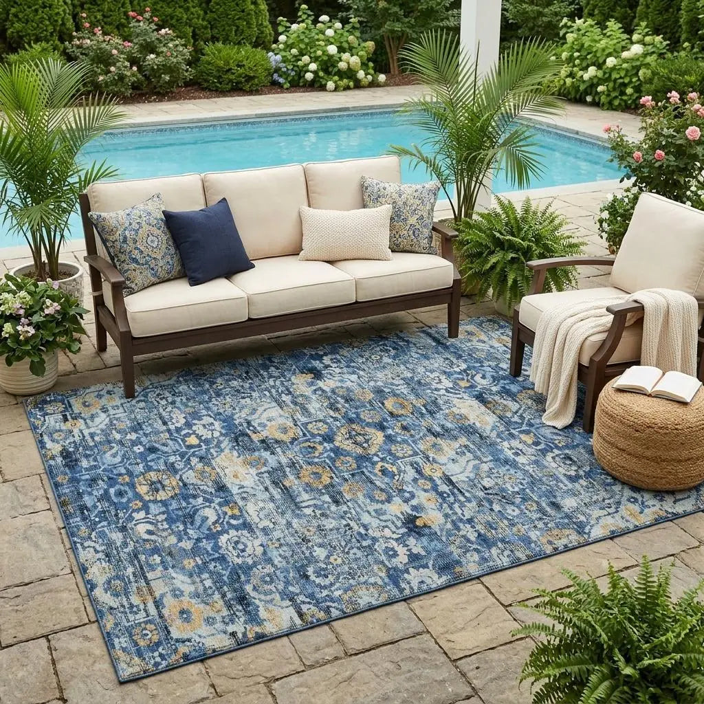 5' X 8' Navy Blue And Blue Floral Medallion Washable Indoor Outdoor Area Rug Homeroots Outdoor